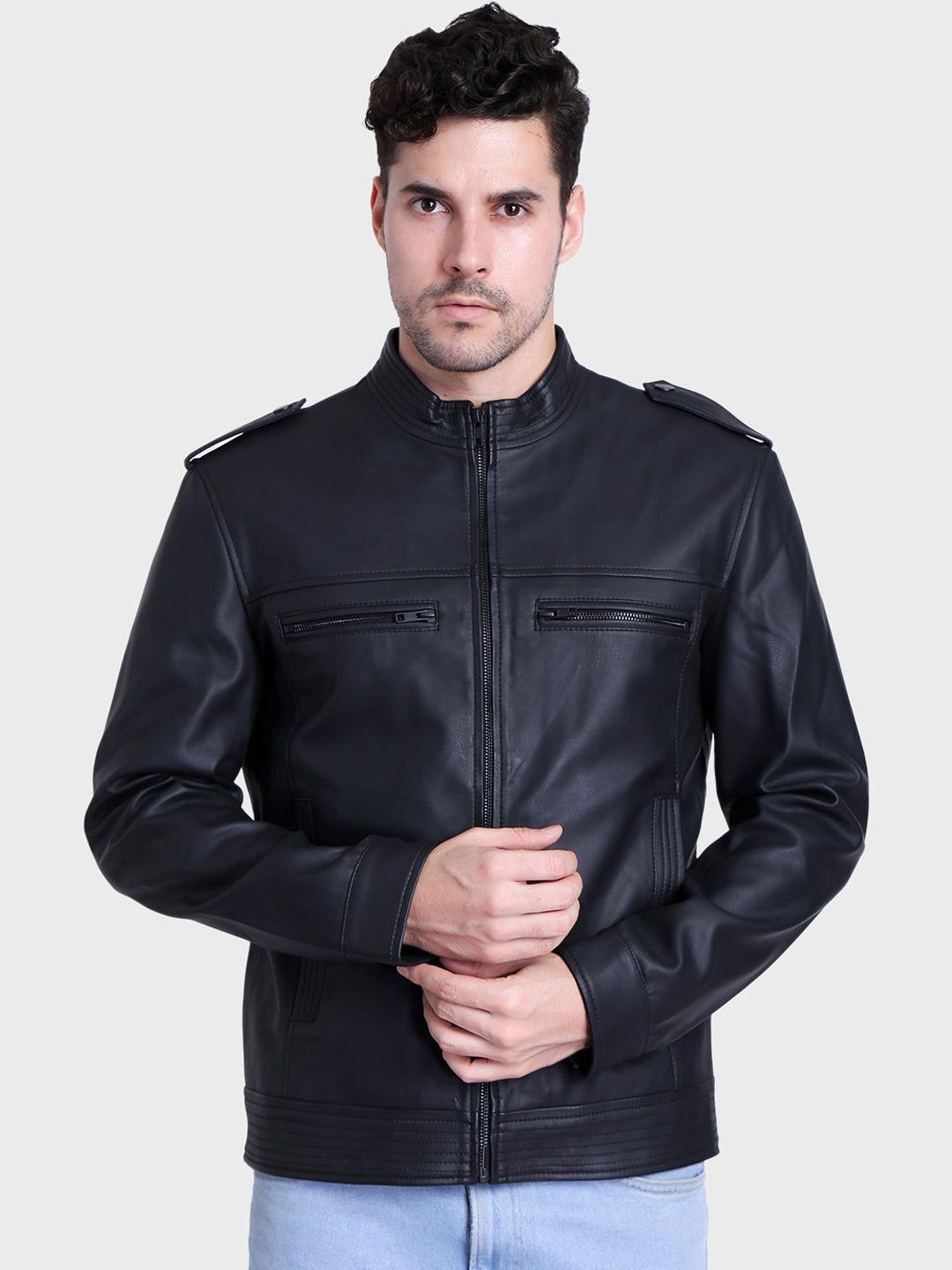 justanned zip detailed mock collar biker jacket