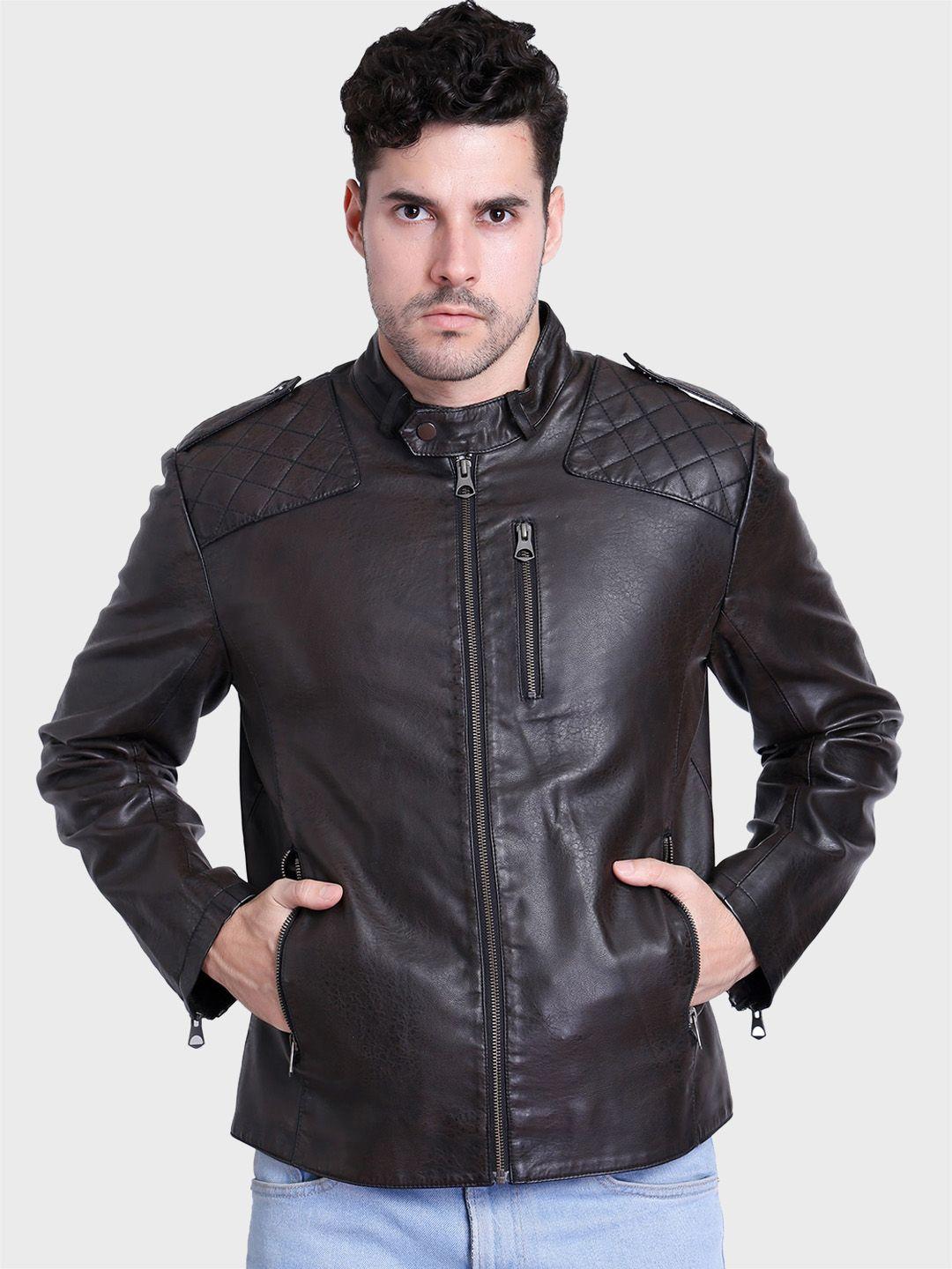 justanned zip detailed stand collar biker jacket