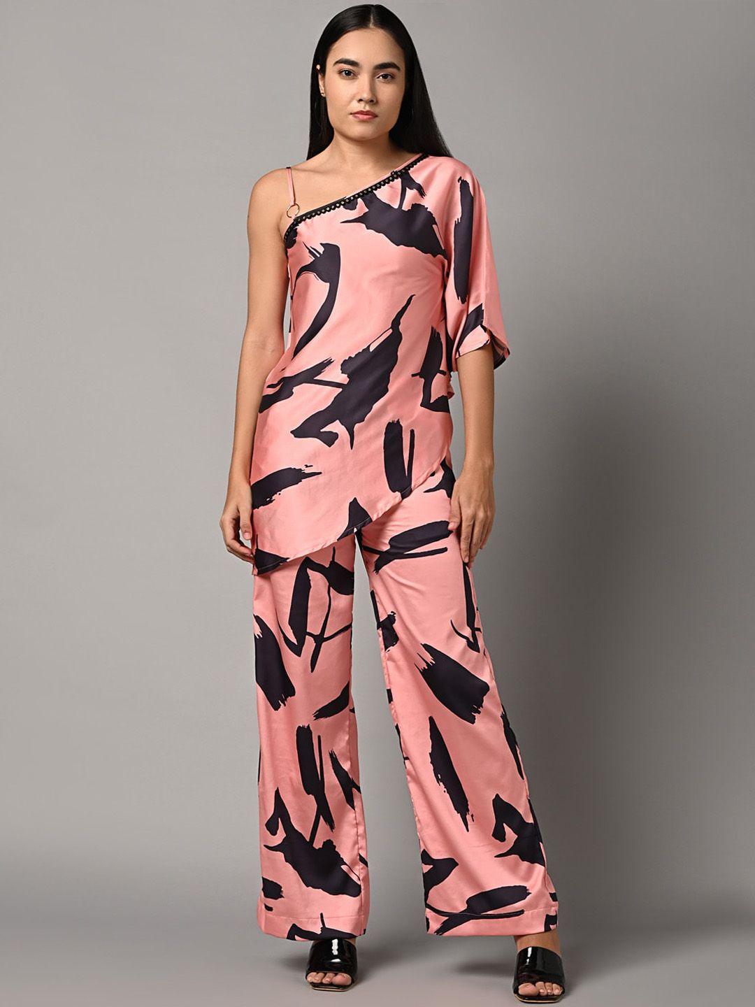 justin whyte abstract printed asymmetric top with trouser
