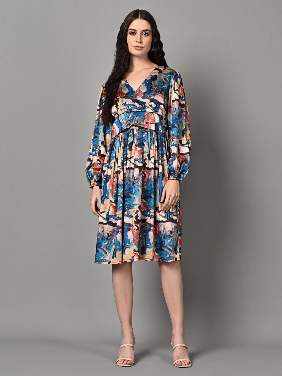 justin whyte abstract printed v-neck puff sleeve gathered detail satin fit & flare dress