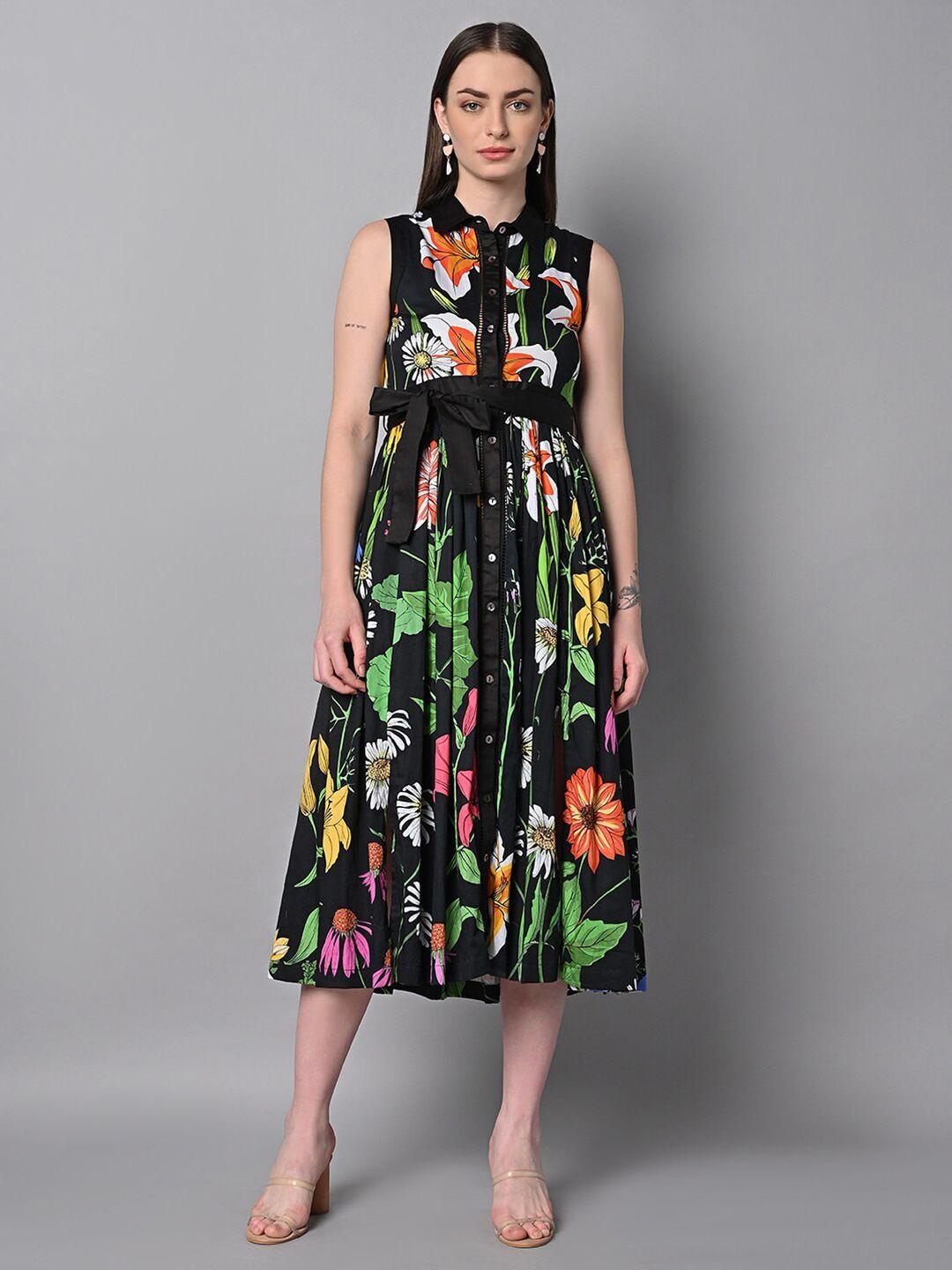 justin whyte black floral print fit & flare midi dress