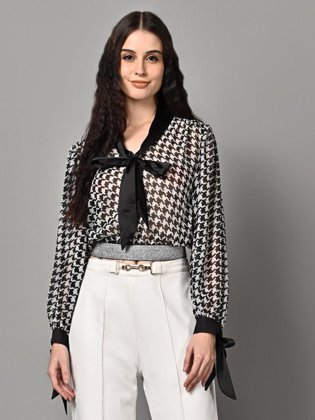 justin whyte checked tie-up neck chiffon blouson crop top