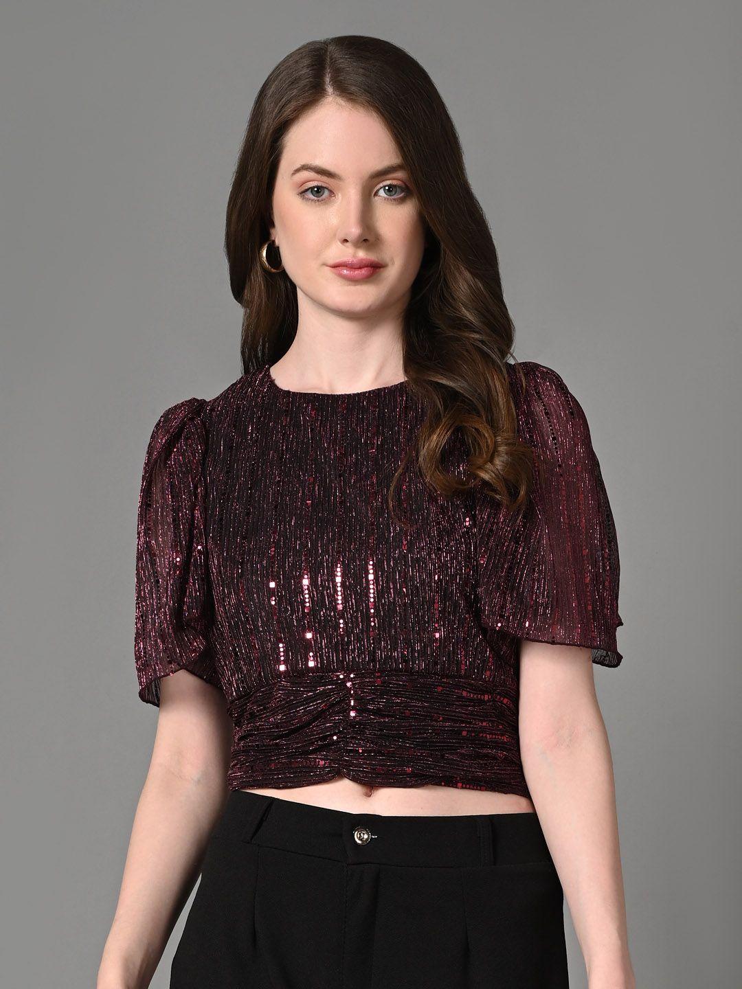 justin whyte embellished round neck puff sleeve blouson crop top