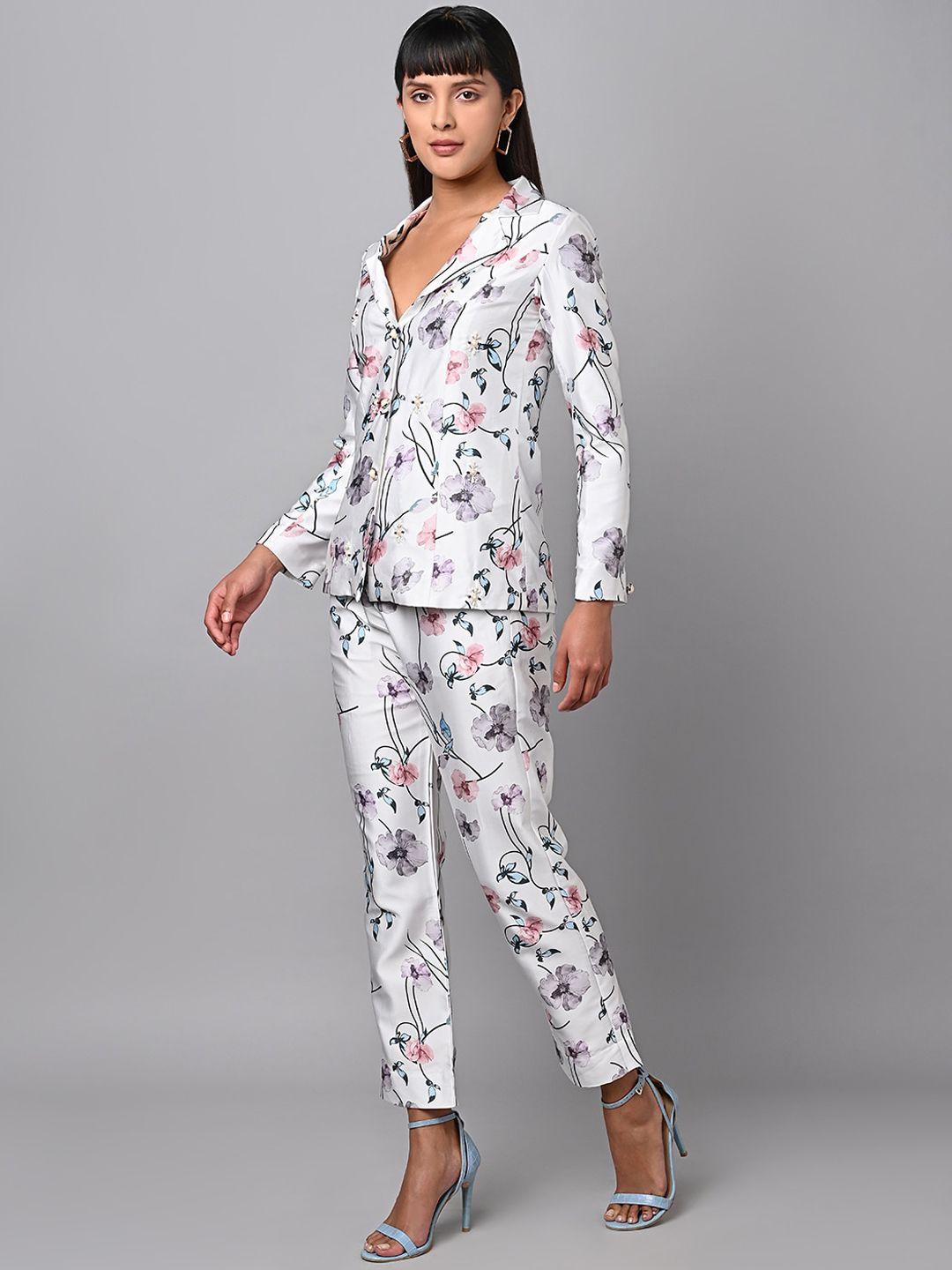 justin whyte floral printed coat with trousers co-ords