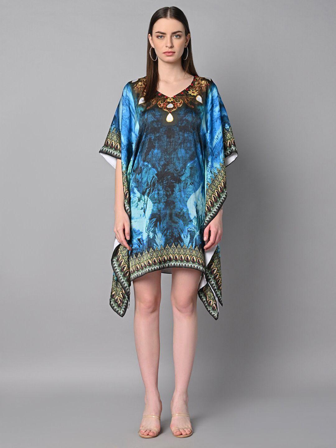 justin whyte turquoise blue ethnic motifs print slit sleeve satin kaftan dress