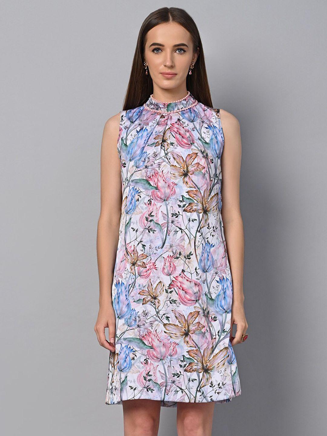 justin whyte white floral print tie-up neck chiffon fit & flare dress