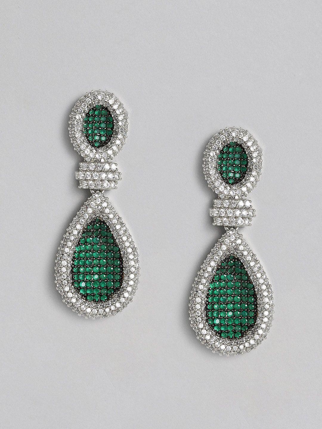justpeachy green & silver-toned rhodium-plated cubic zirconia teardrop shape drop earrings