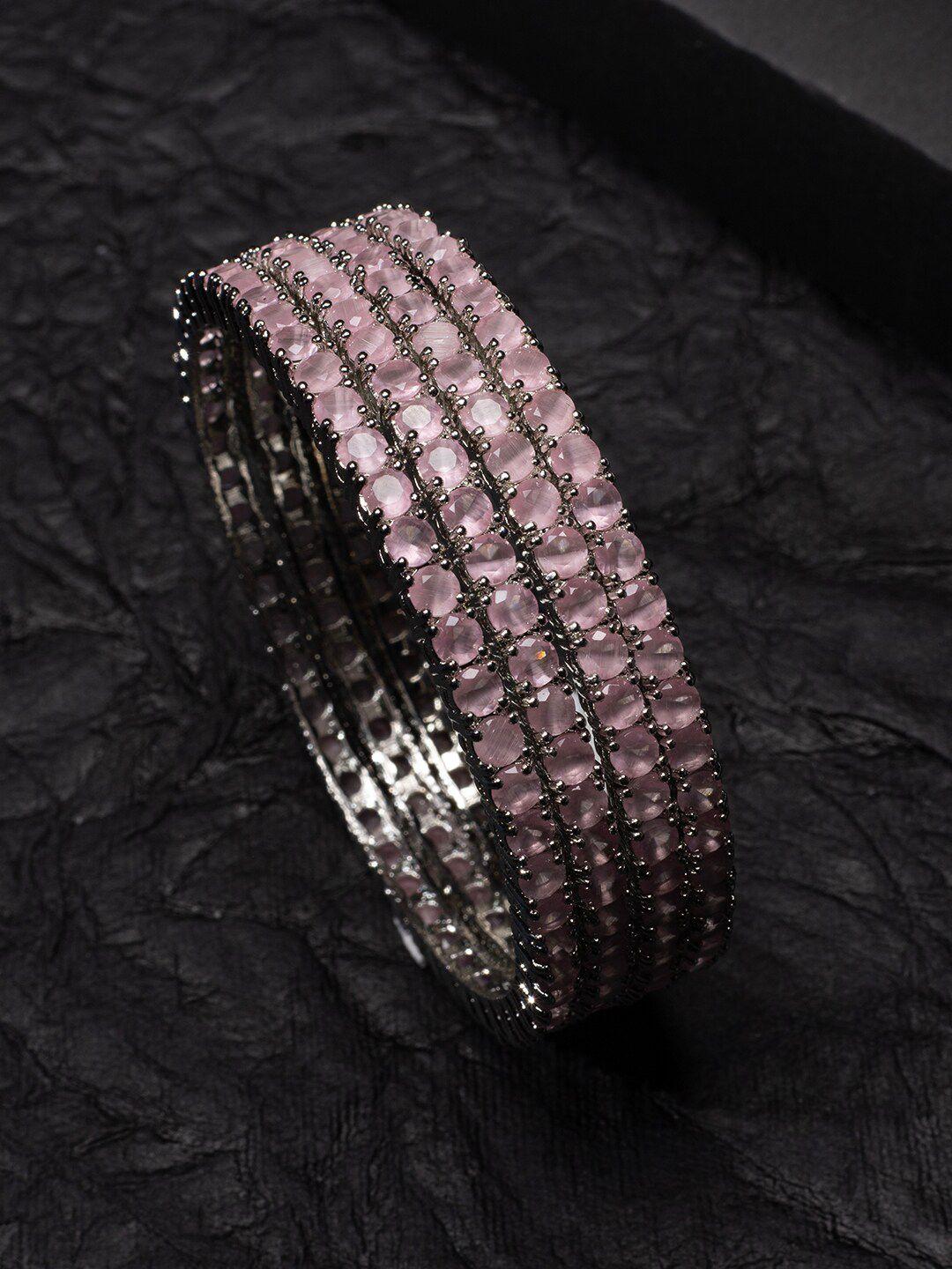 justpeachy pink set of 4 rhodium plated american diamond studded brass bangles