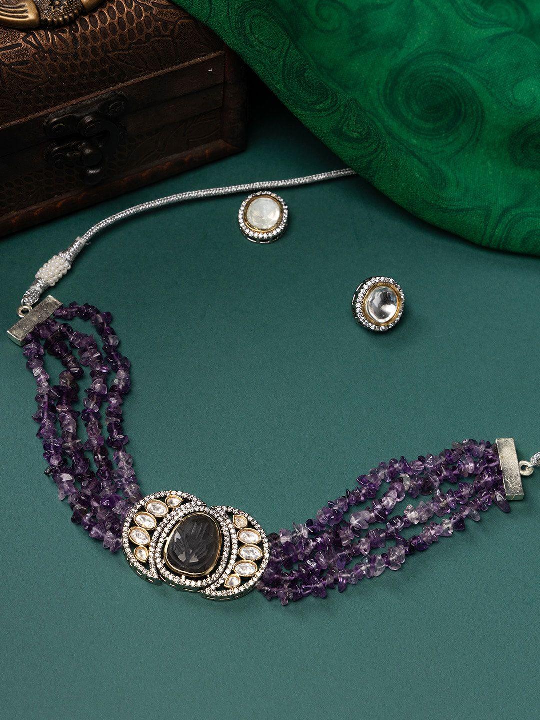 justpeachy rhodium-plated artificial stones & beaded jewellery set