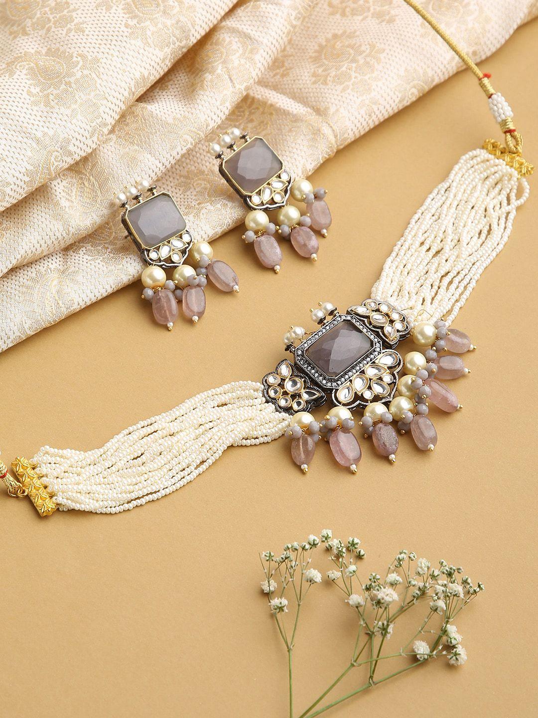justpeachy white & grey stones & beads jewellery set