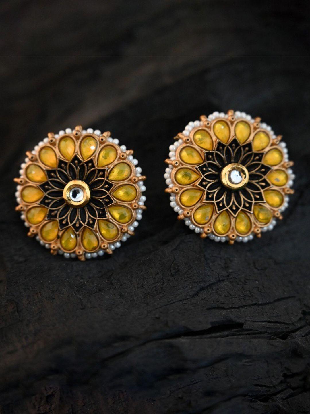 justpeachy yellow & gold-plated ethnic studs with artificial stone embellishment