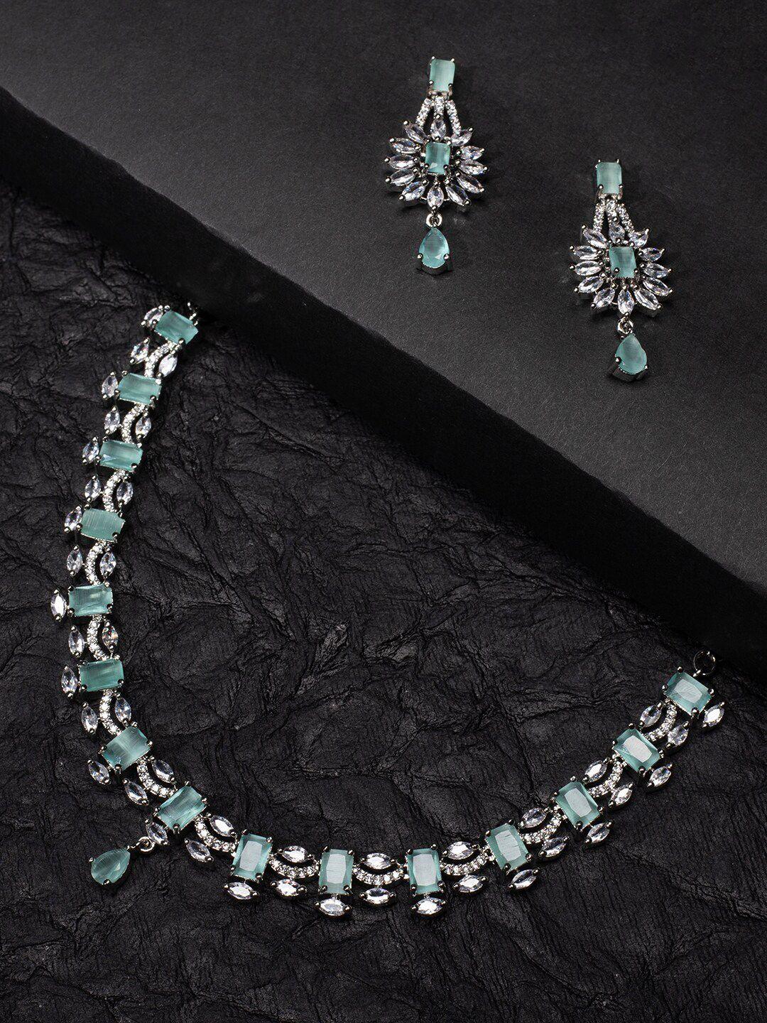 justpeachy  silver-toned rhodium-plated  white & mint-green ad stone-studded  jewellery set