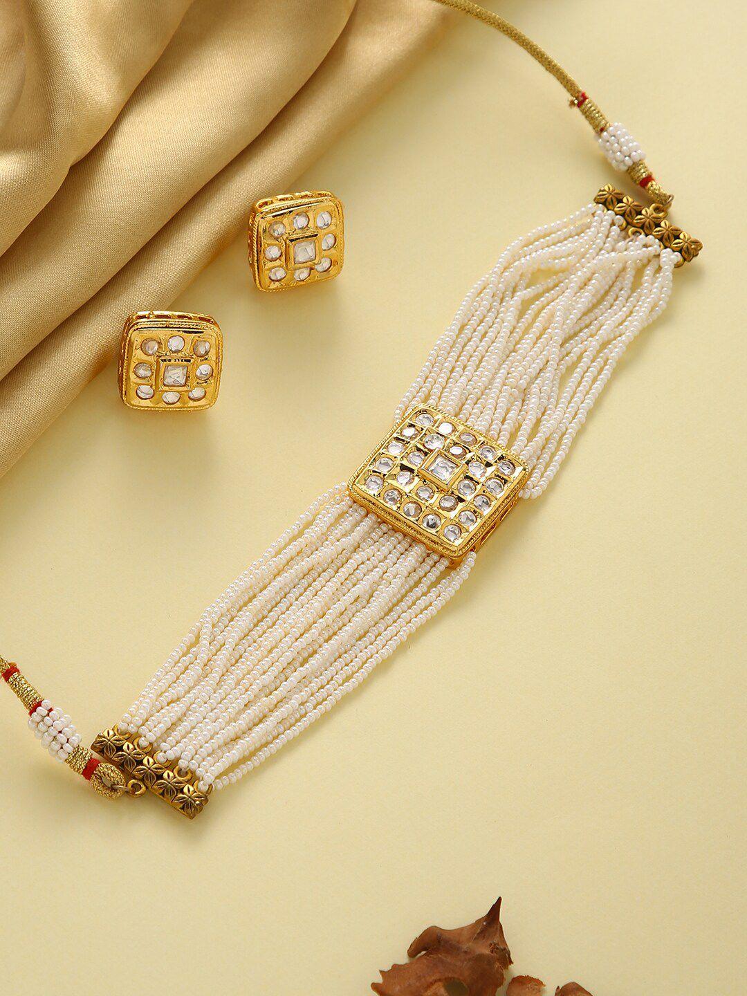 justpeachy gold-plated & white stone studded & beaded jewellery set