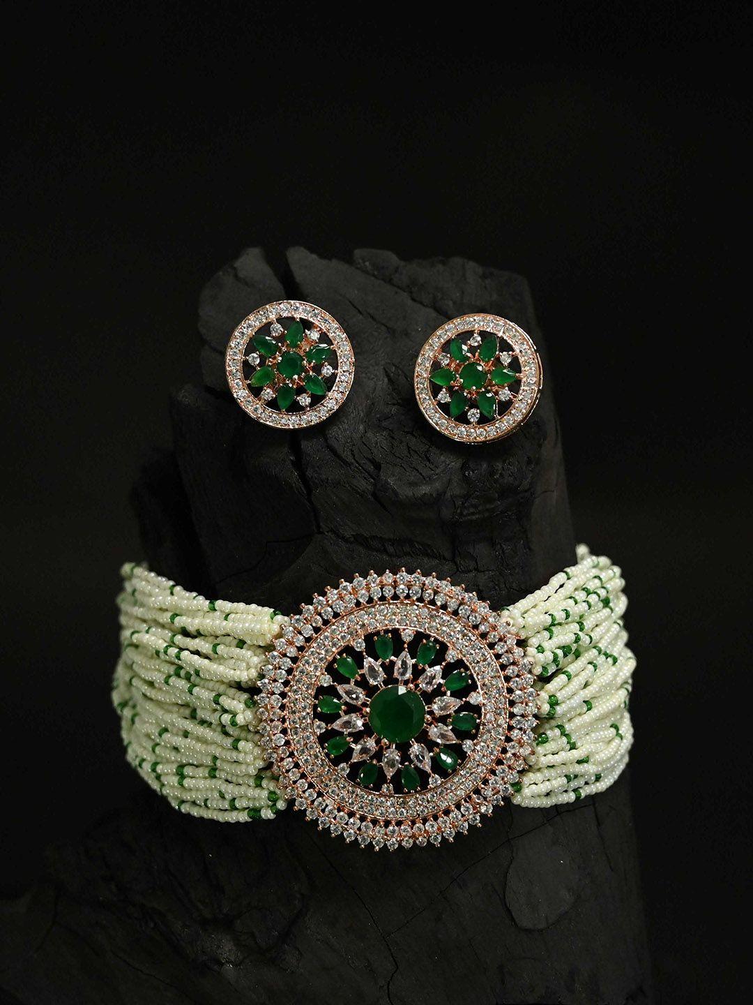 justpeachy gold-plated green & white ad-studded & beaded jewellery set