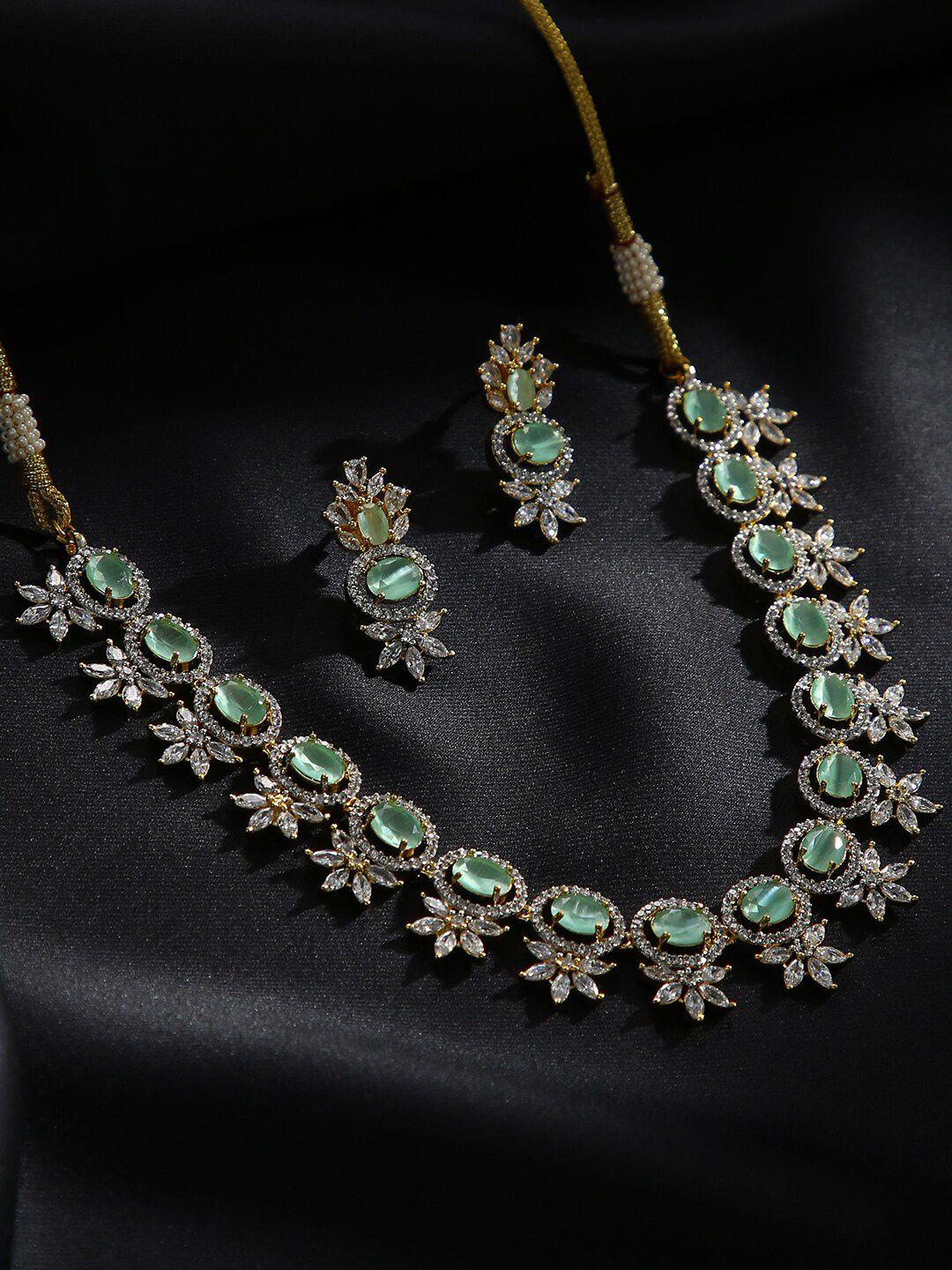 justpeachy gold-plated green & white stone-studded jewellery set