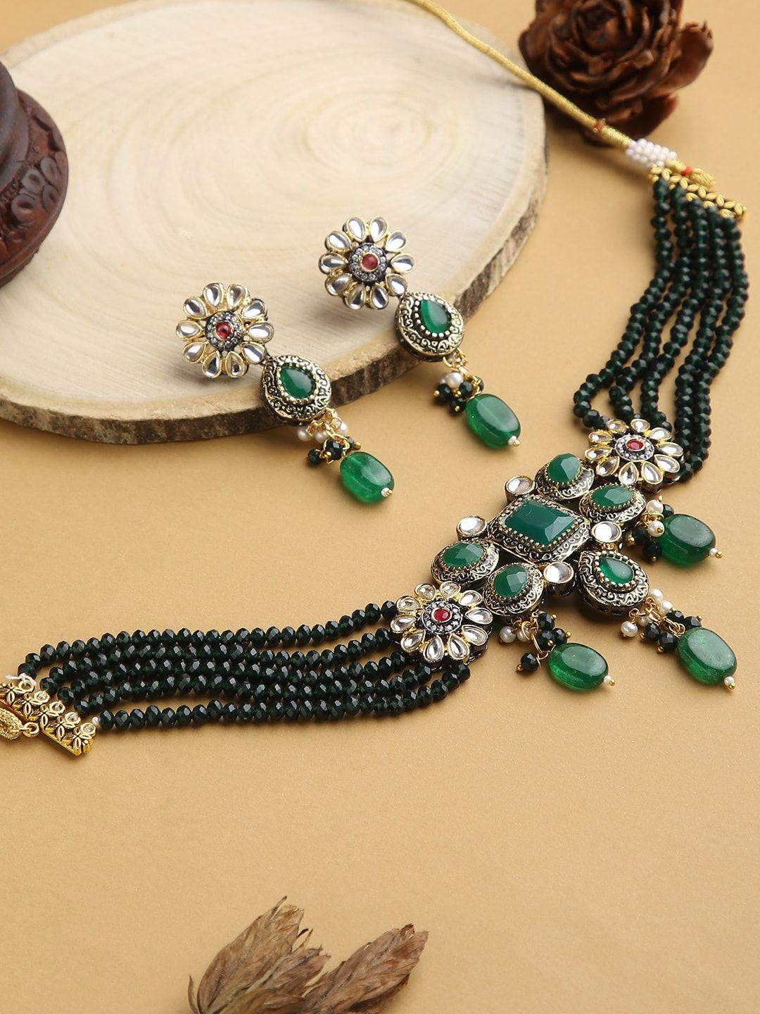 justpeachy gold-plated green stone-studded  & beaded jewellery set