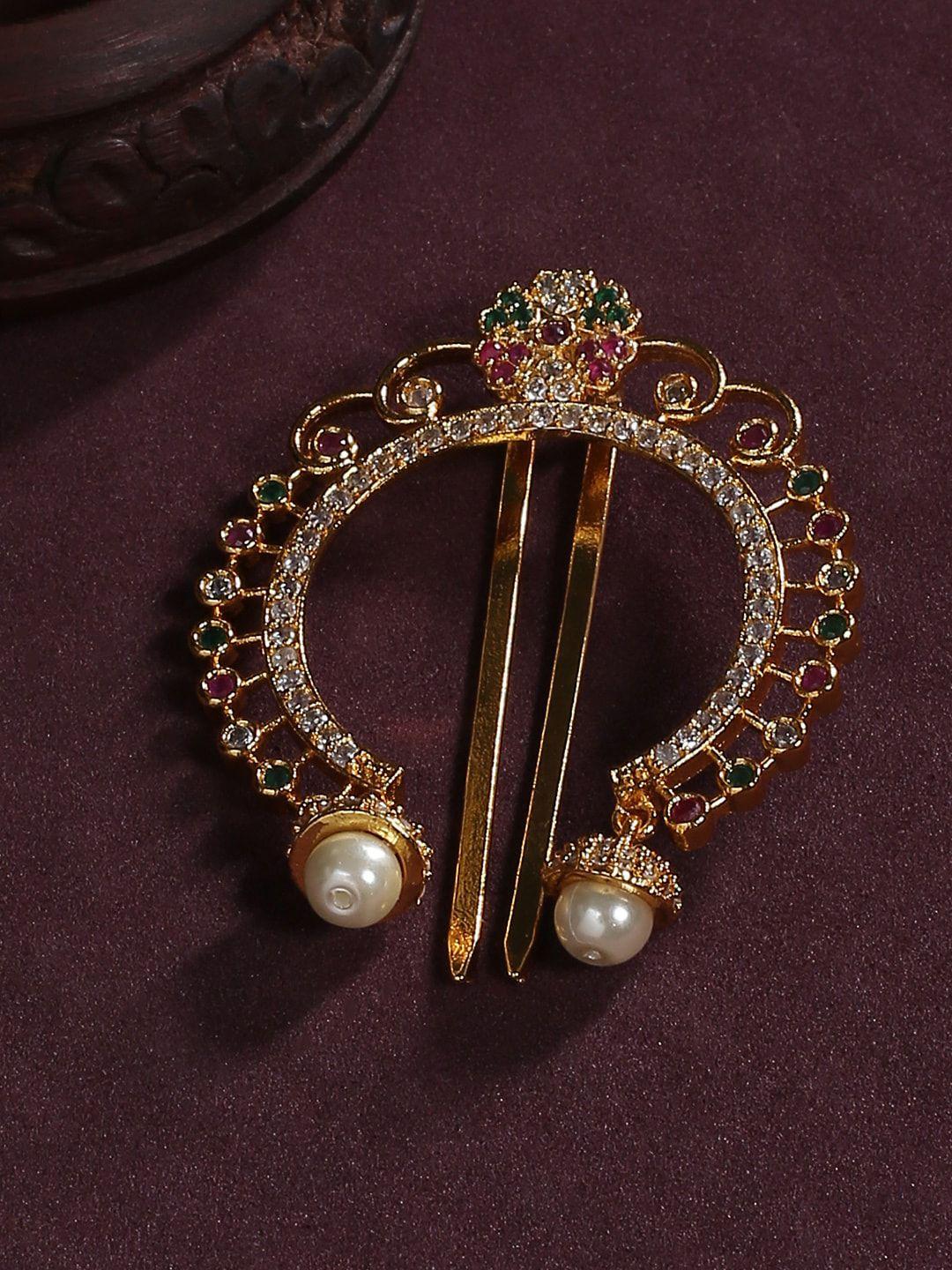 justpeachy gold-plated white & pink stone-studded & beaded bun pin