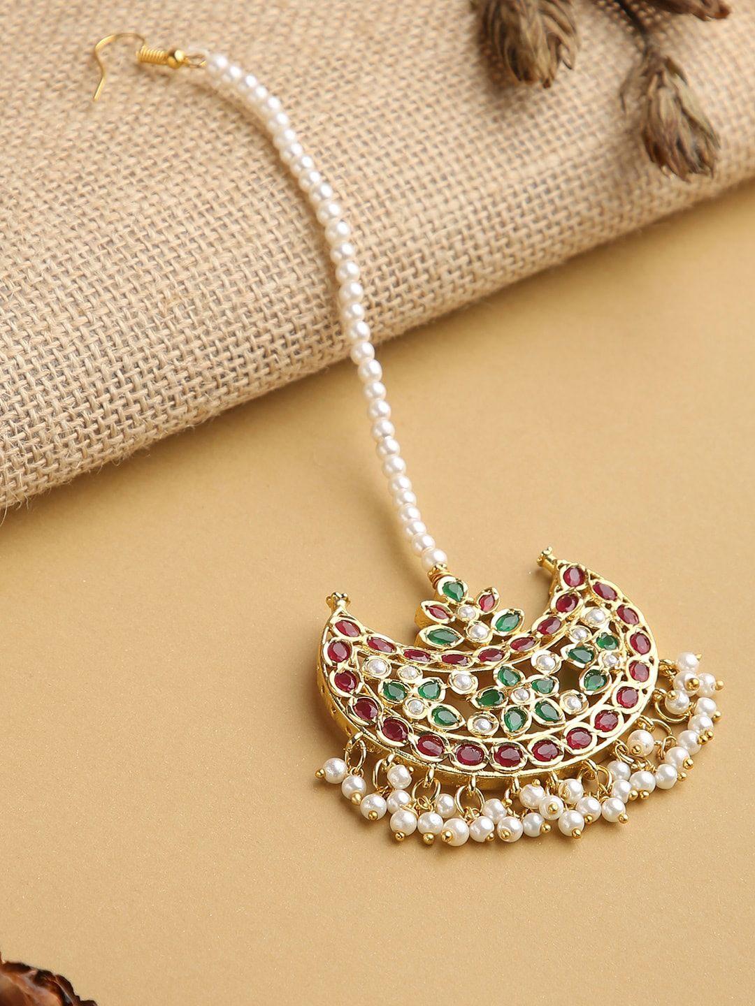 justpeachy gold-plated white stone-studded & pearl beaded maang tikka