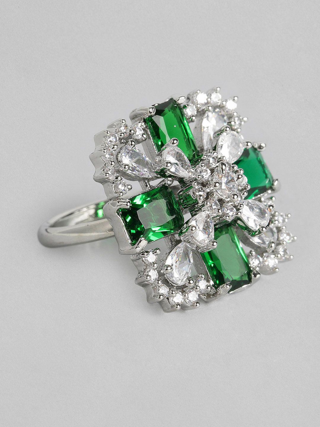 justpeachy green & silver-toned rhodium-plated embellished finger ring