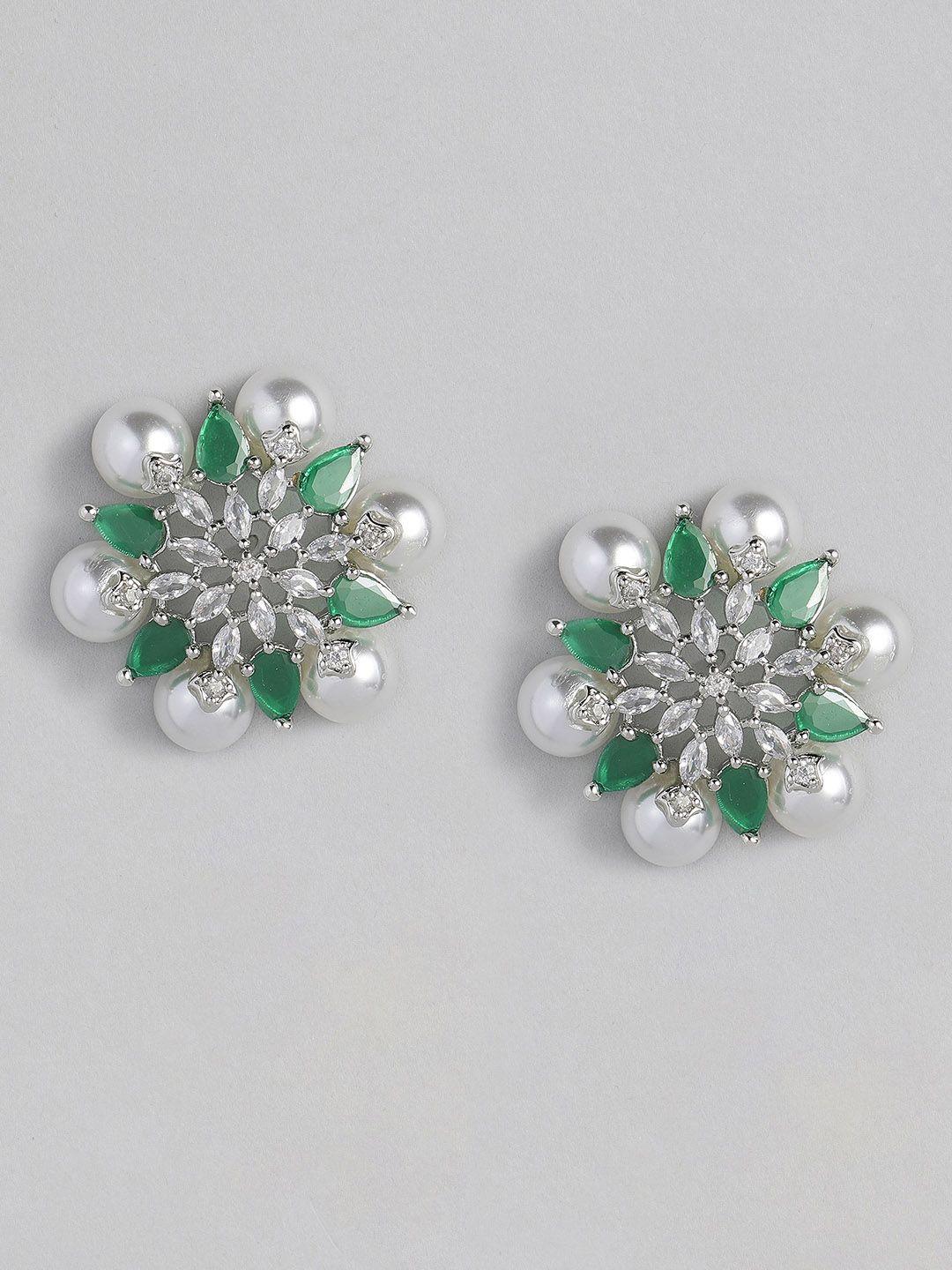 justpeachy green & silver-toned rhodium plated floral studs