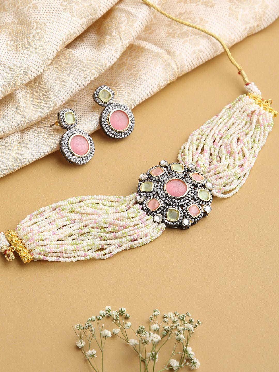 justpeachy off-white & pink stone-studded choker jewelry set