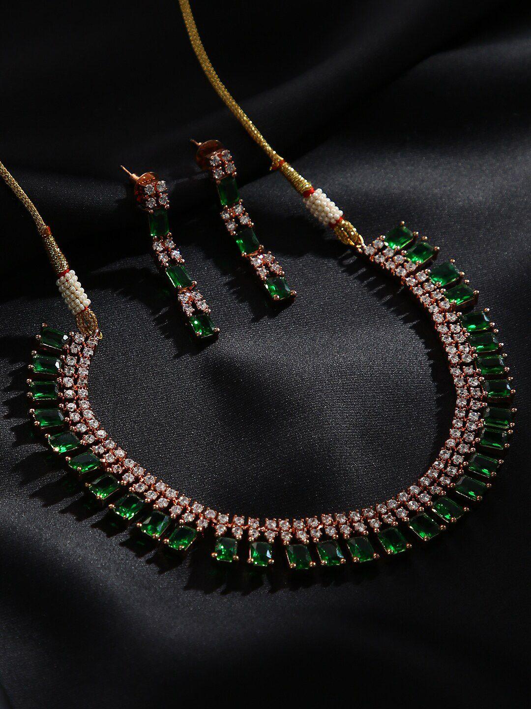 justpeachy oxidised gold-plated green stone studded & beaded jewellery set