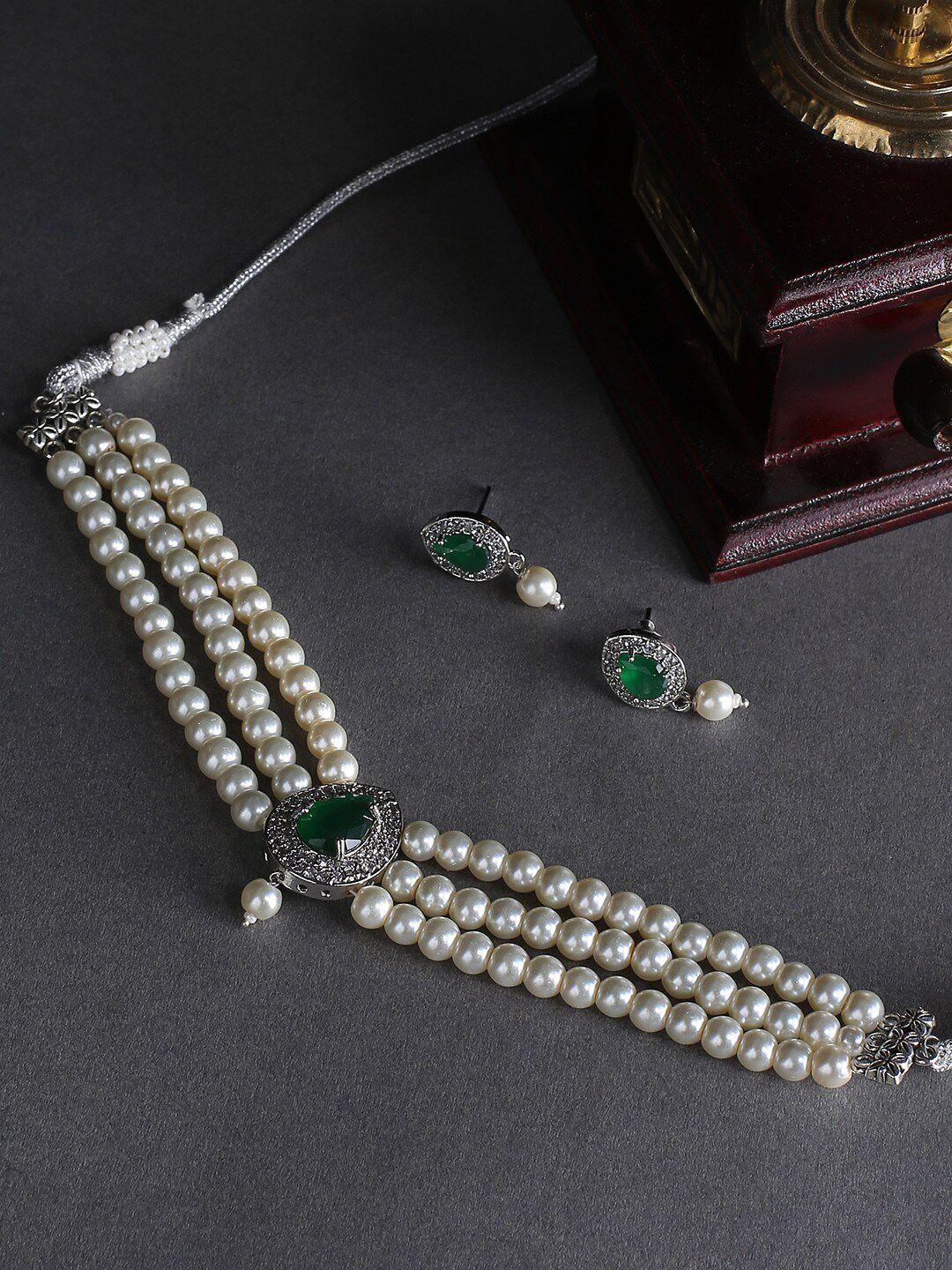justpeachy pearl choker with green stone earrings jewellery set