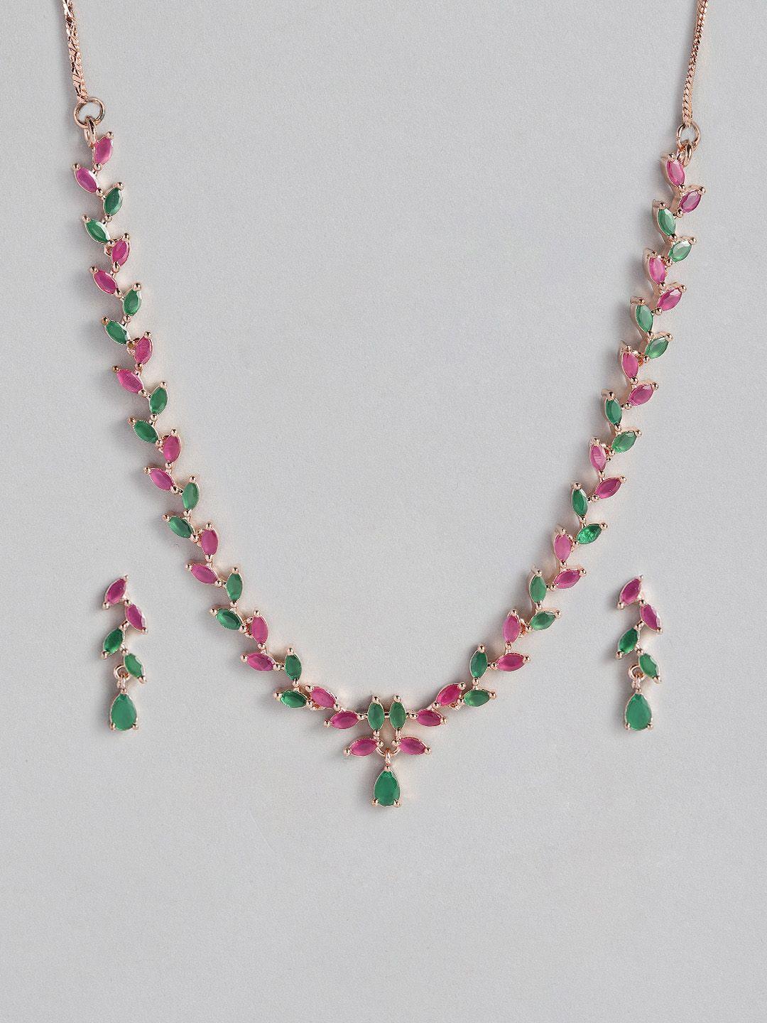 justpeachy pink & green gold-plated stone studded jewellery set