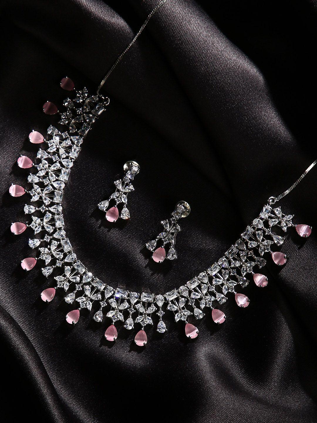 justpeachy pink & white american diamond jewellery set