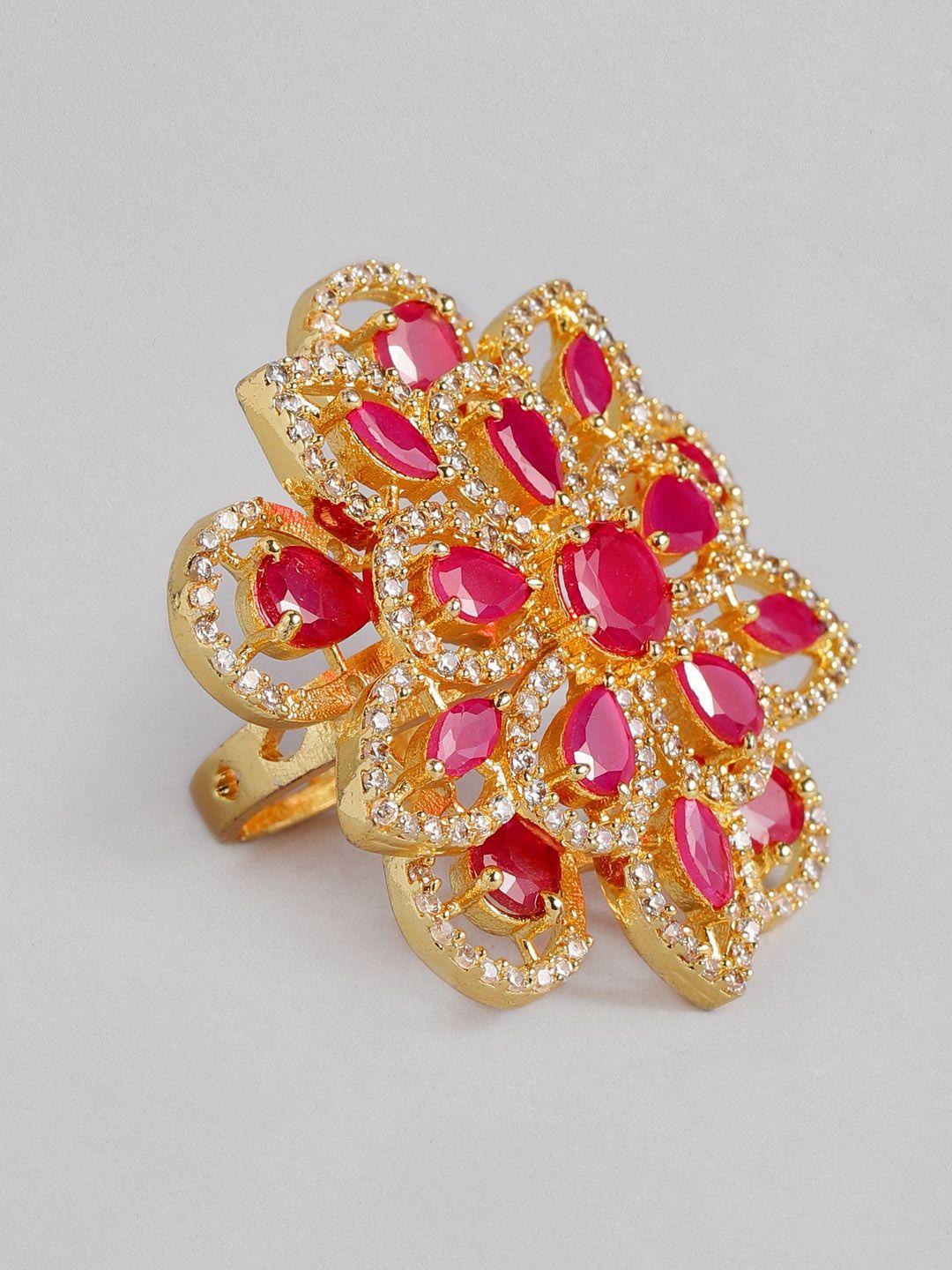 justpeachy pink & white gold-plated ad studded floral adjustable finger ring
