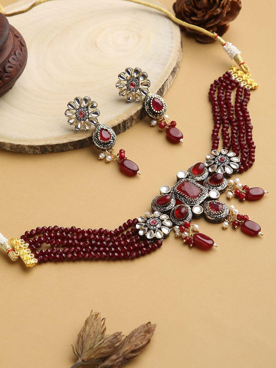 justpeachy red gold-plated artificial stone studded beaded victorian choker jewellery set