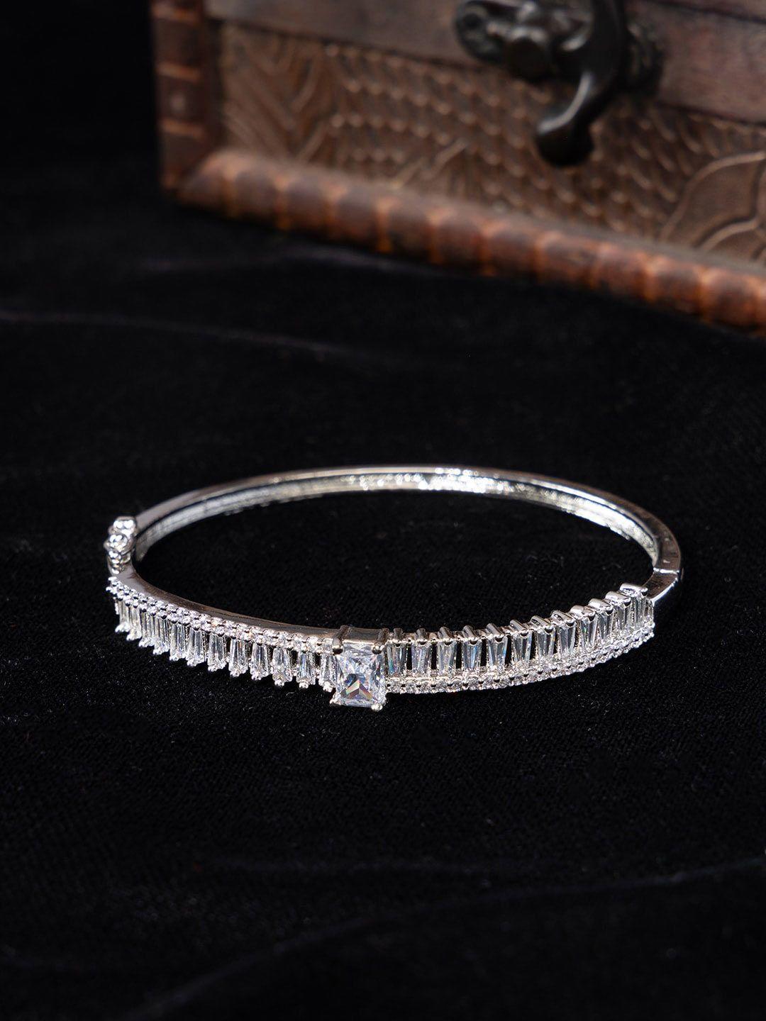 justpeachy rhodium-plated american diamond studded bangle-style bracelet