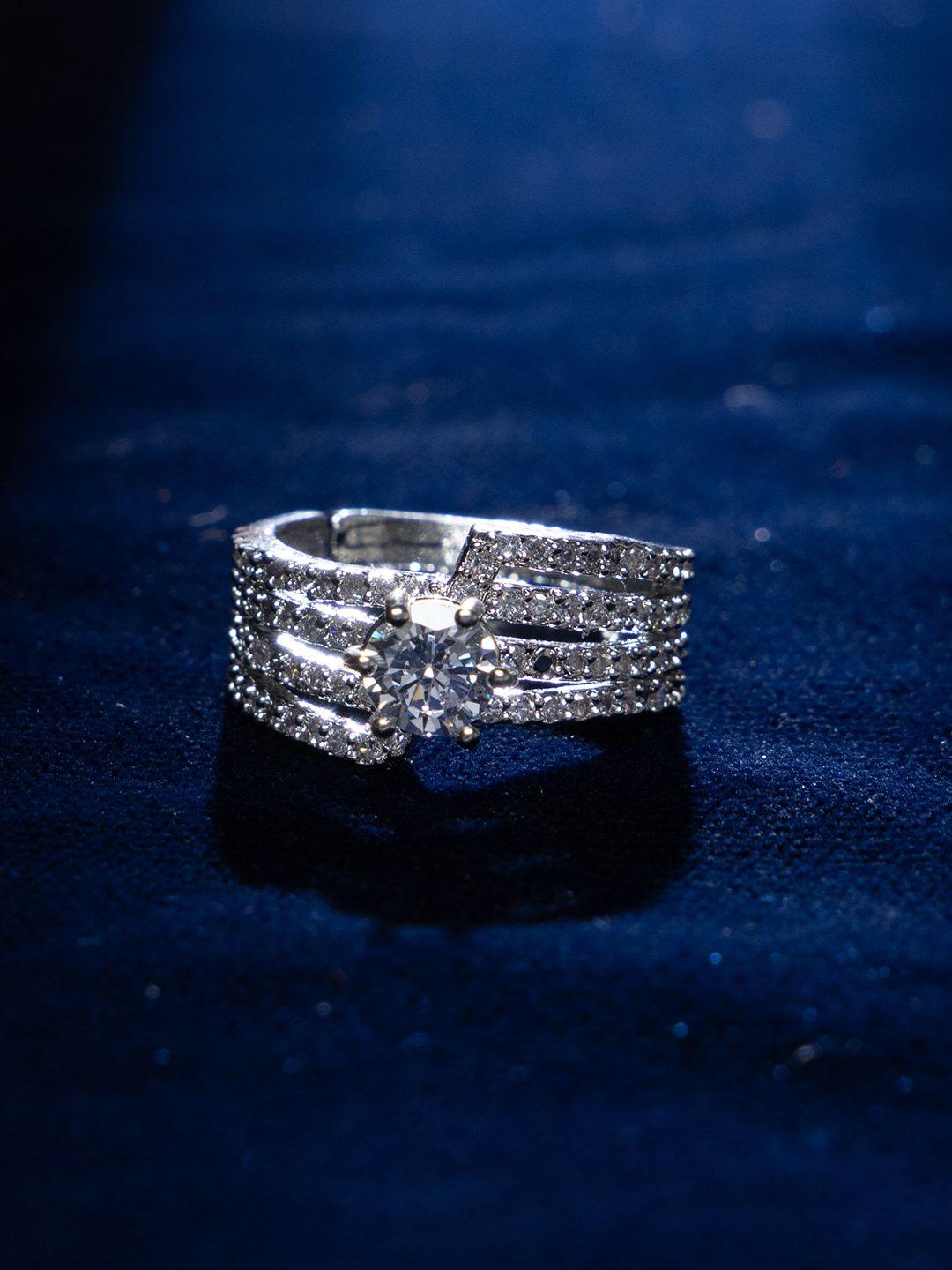 justpeachy rhodium-plated american diamond studded finger ring