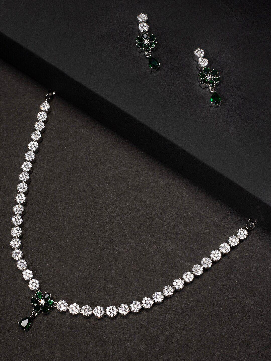 justpeachy rhodium-plated green & white ad-studded jewellery set