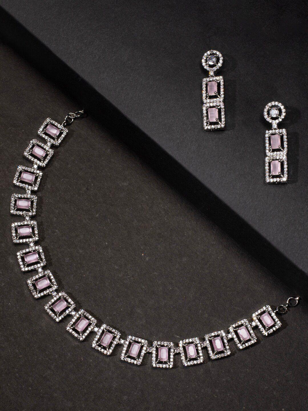 justpeachy rhodium-plated pink & white ad-studded jewellery set