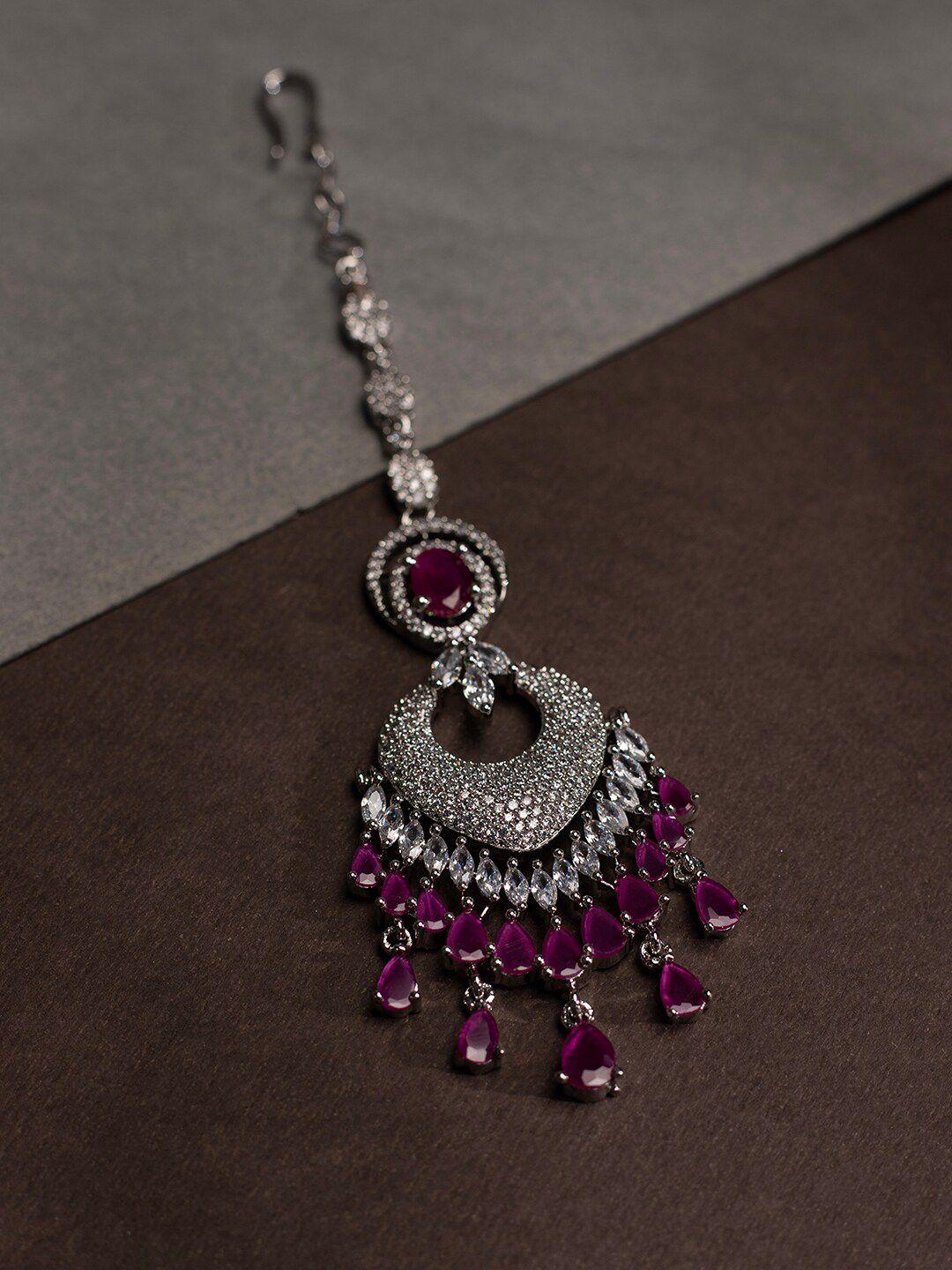 justpeachy rhodium-plated pink ad-studded maang tikka