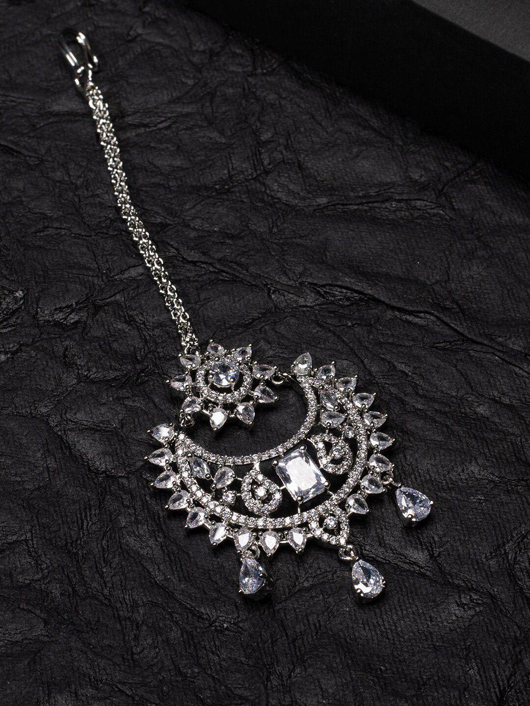 justpeachy rhodium-plated silver-toned ad studded & beaded maang tikka