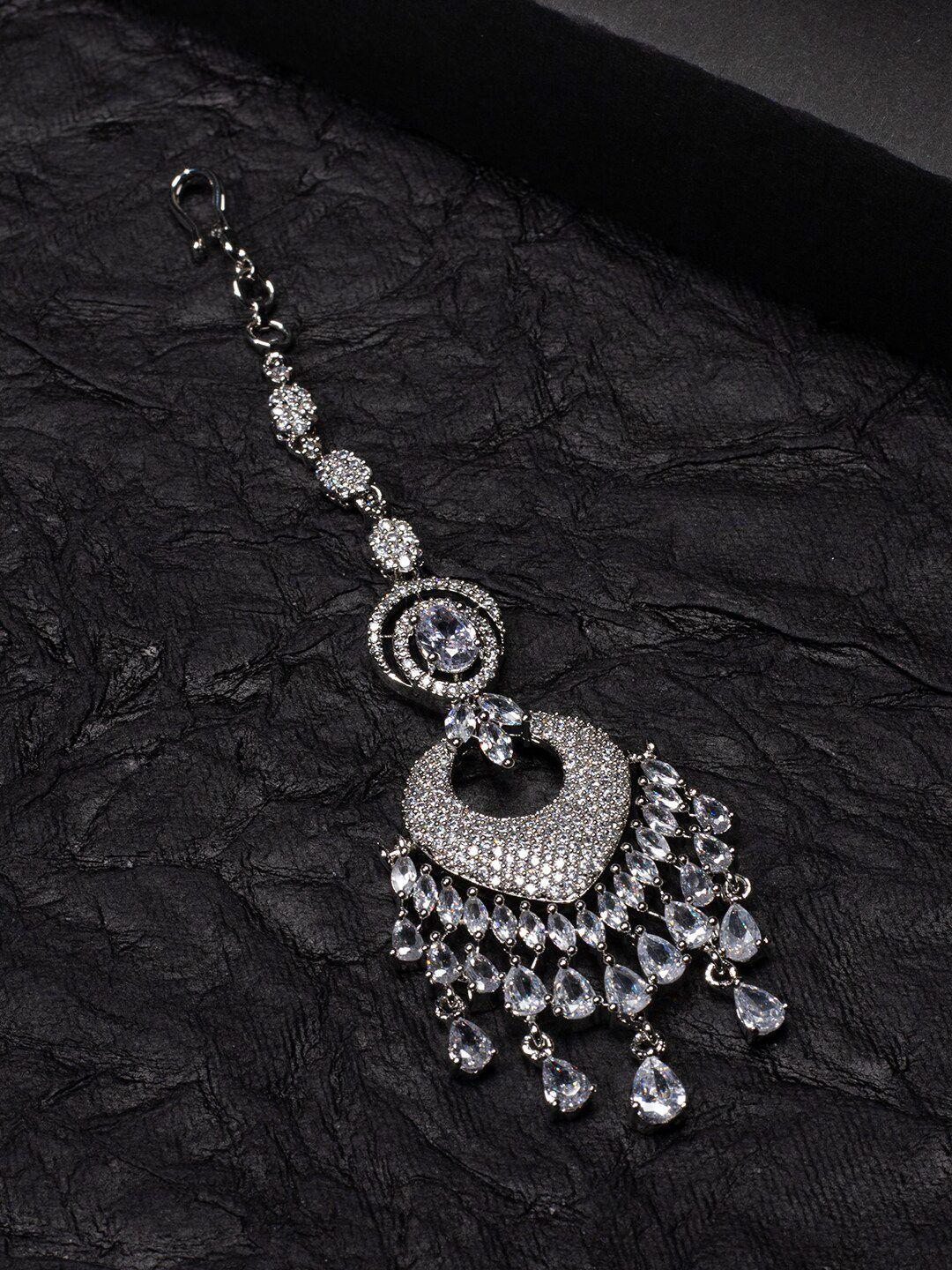 justpeachy rhodium-plated silver-toned white ad stone-studded & beaded maang tikka