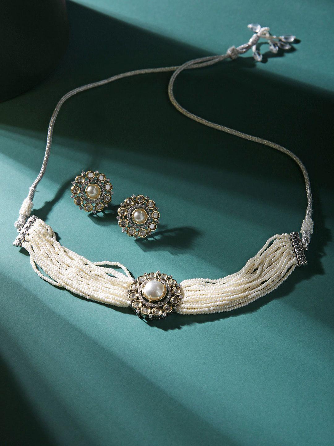 justpeachy rhodium-plated stone studded & beaded jewellery set