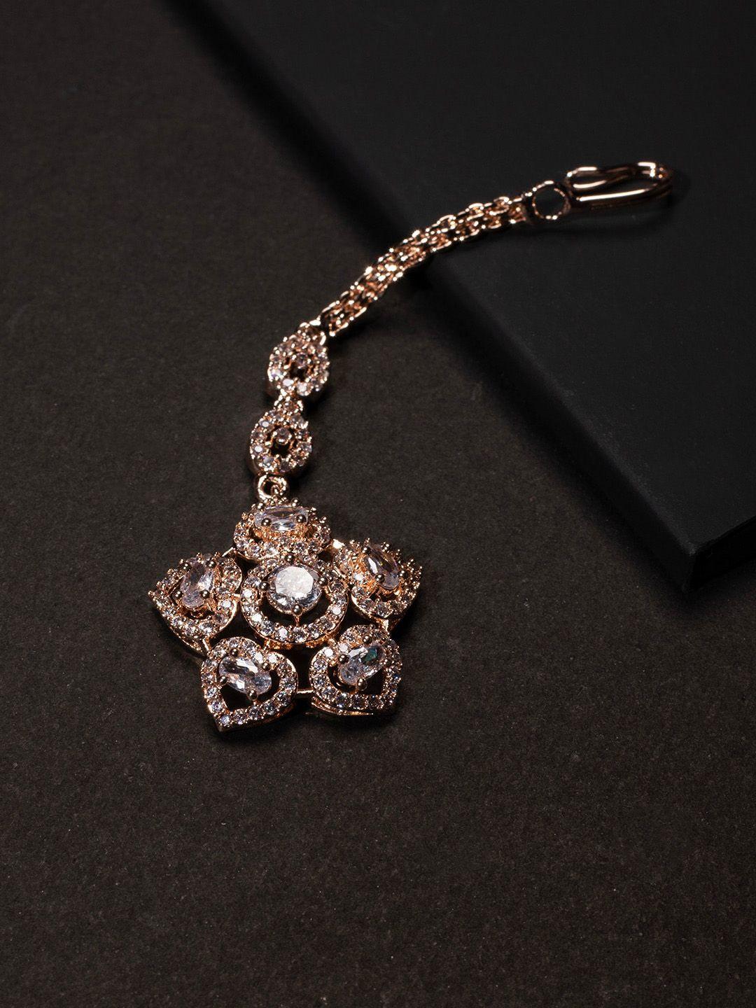 justpeachy rose gold-plated & white ad-studded maang tikka