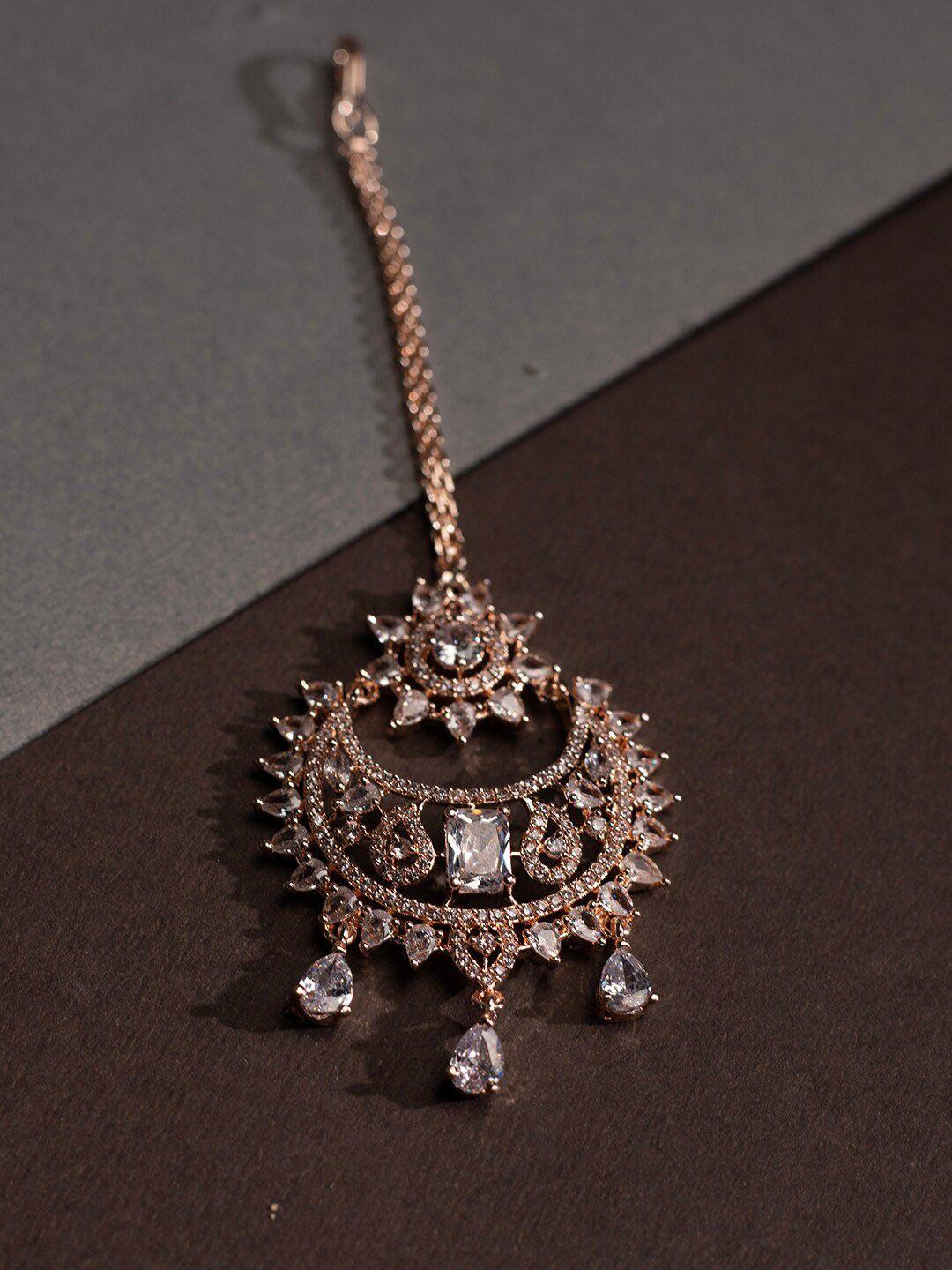 justpeachy rose gold-plated american diamond stone-studded maang tikka