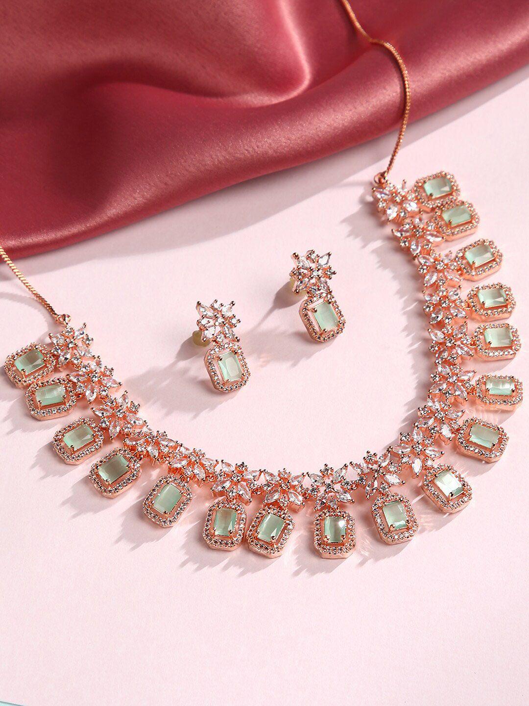 justpeachy rose gold-plated green & white stone-studded & beaded jewellery set