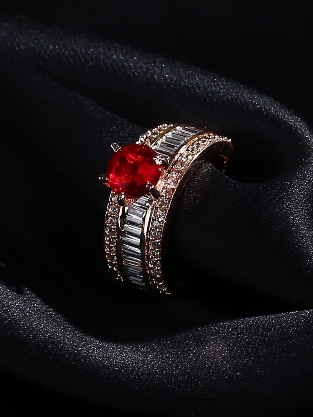 justpeachy rose gold-plated red & white ad-studded adjustable finger ring