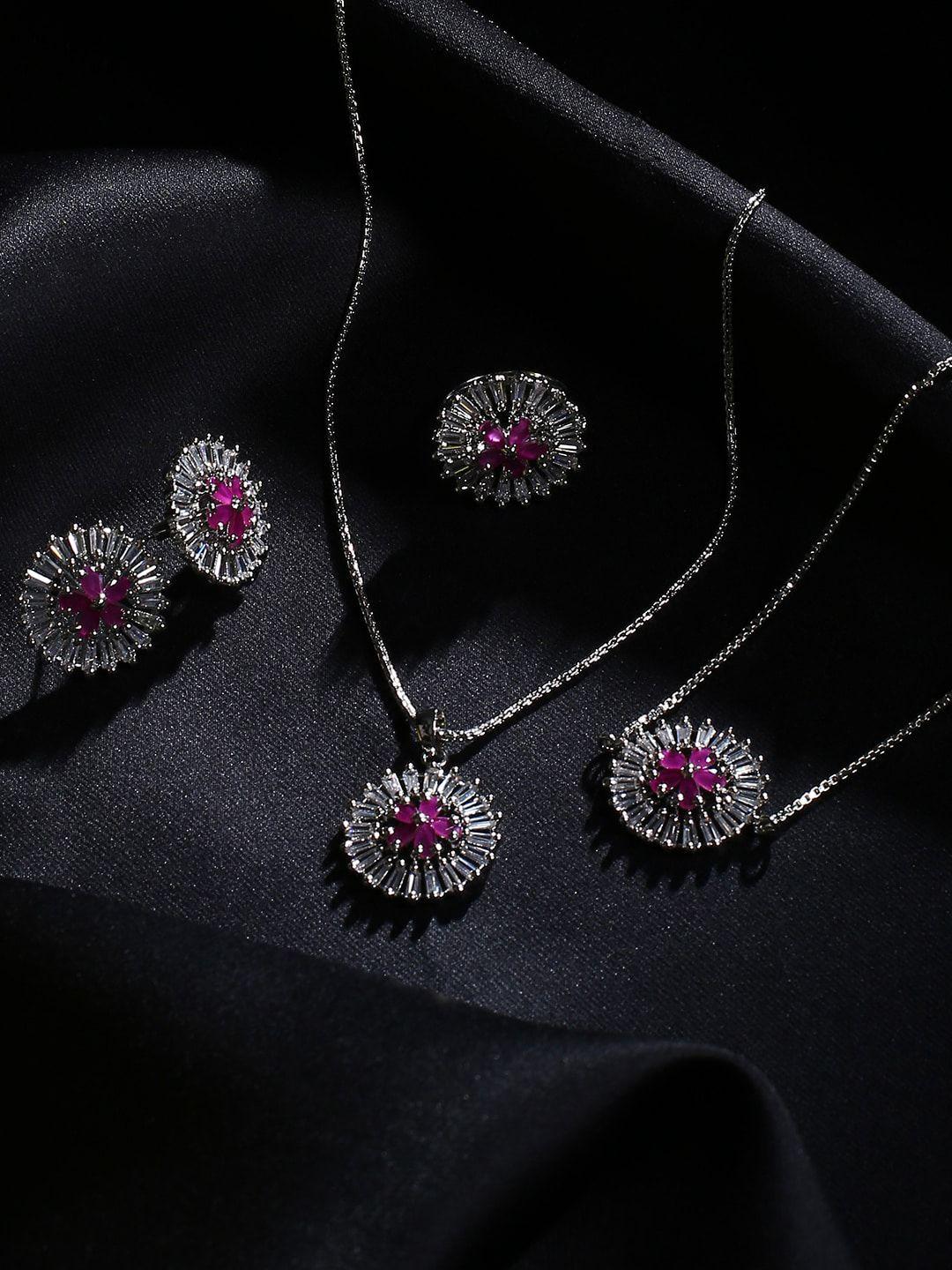 justpeachy silver-plated & magenta-pink ad-studded jewellery set