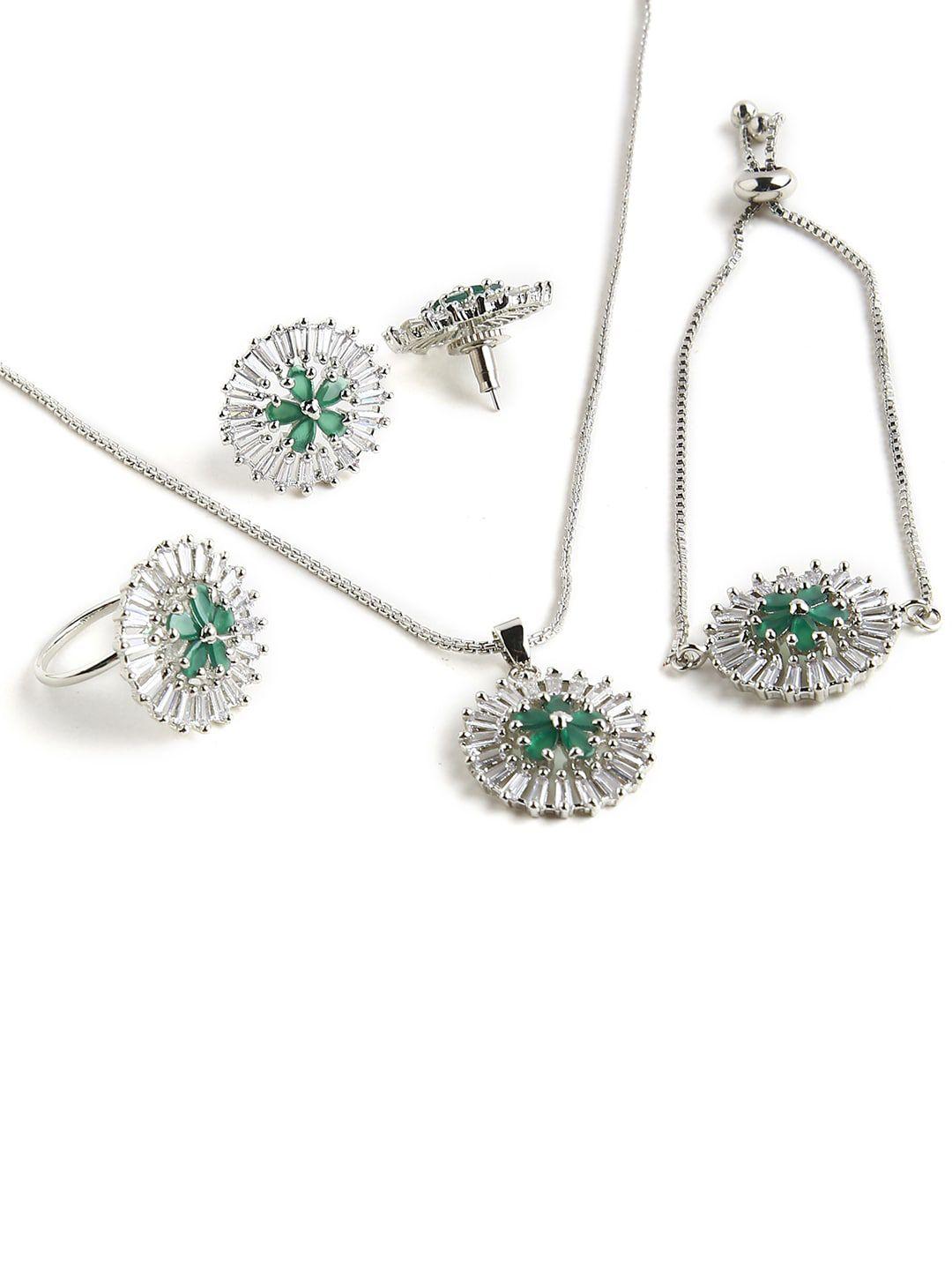 justpeachy silver-plated white & green ad studded jewellery set
