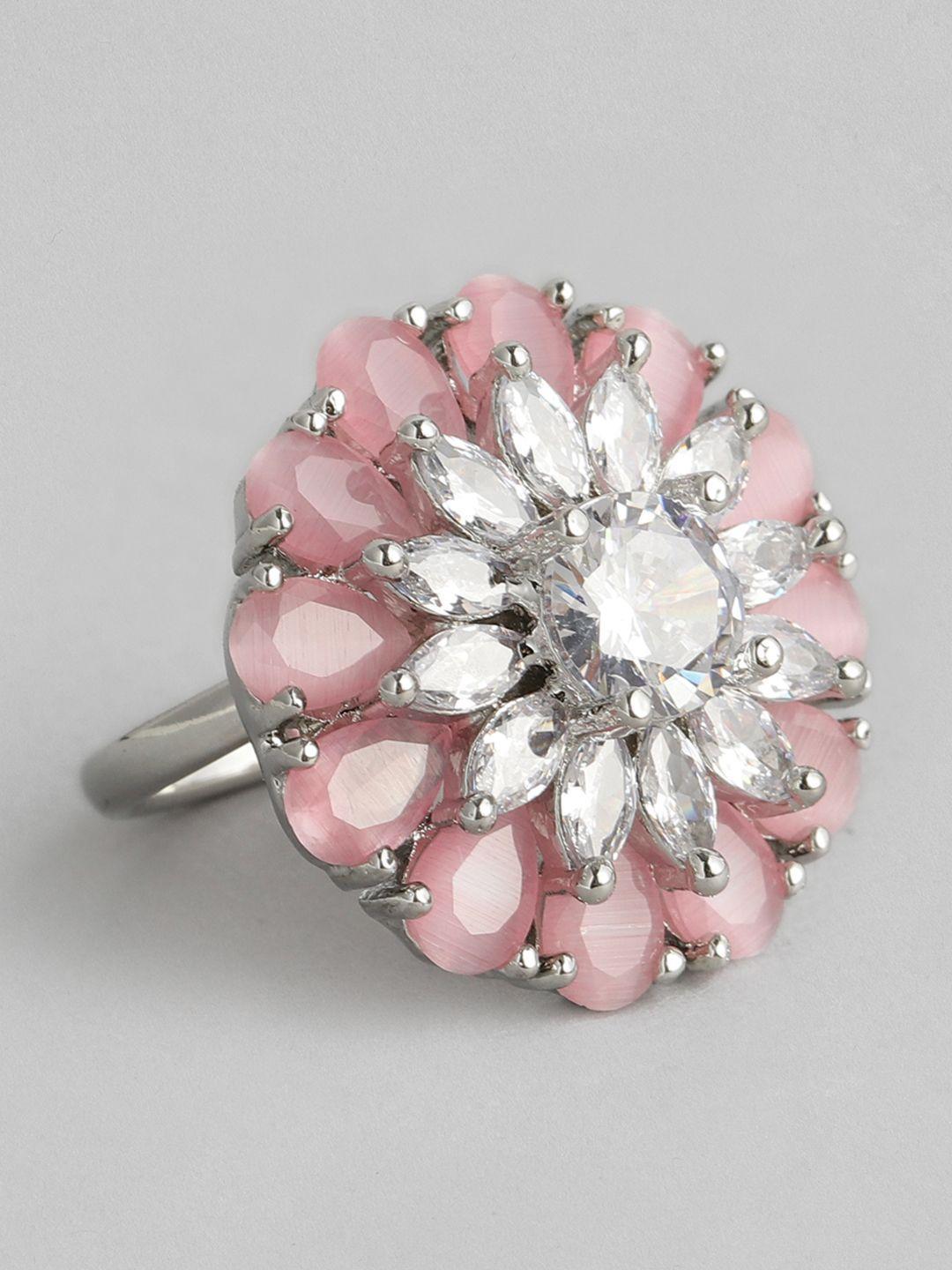 justpeachy silver-toned & pink rhodium-plated embellished finger ring