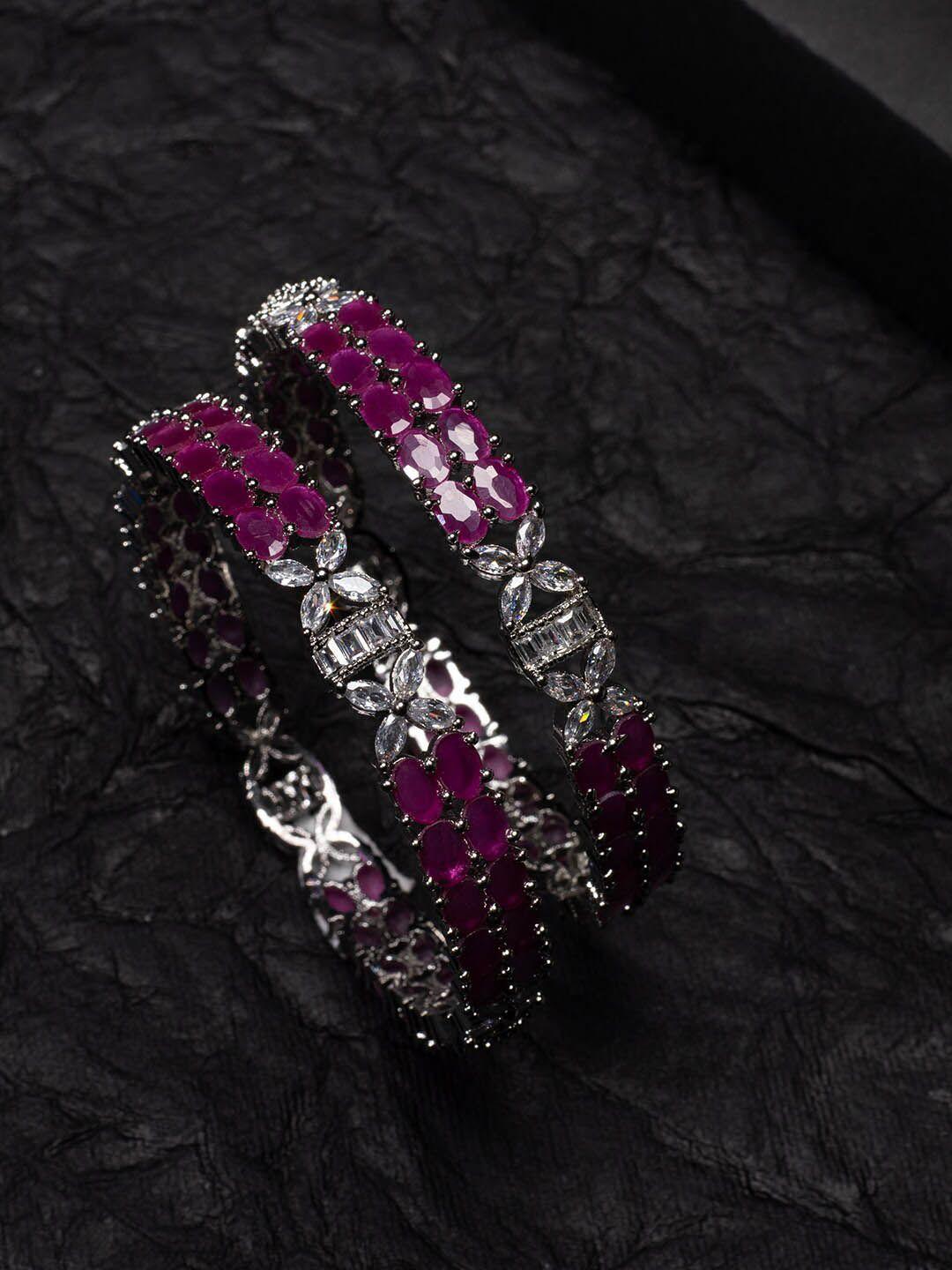 justpeachy silver-toned & pink set of 2 rhodium-plated ad-studded bangles