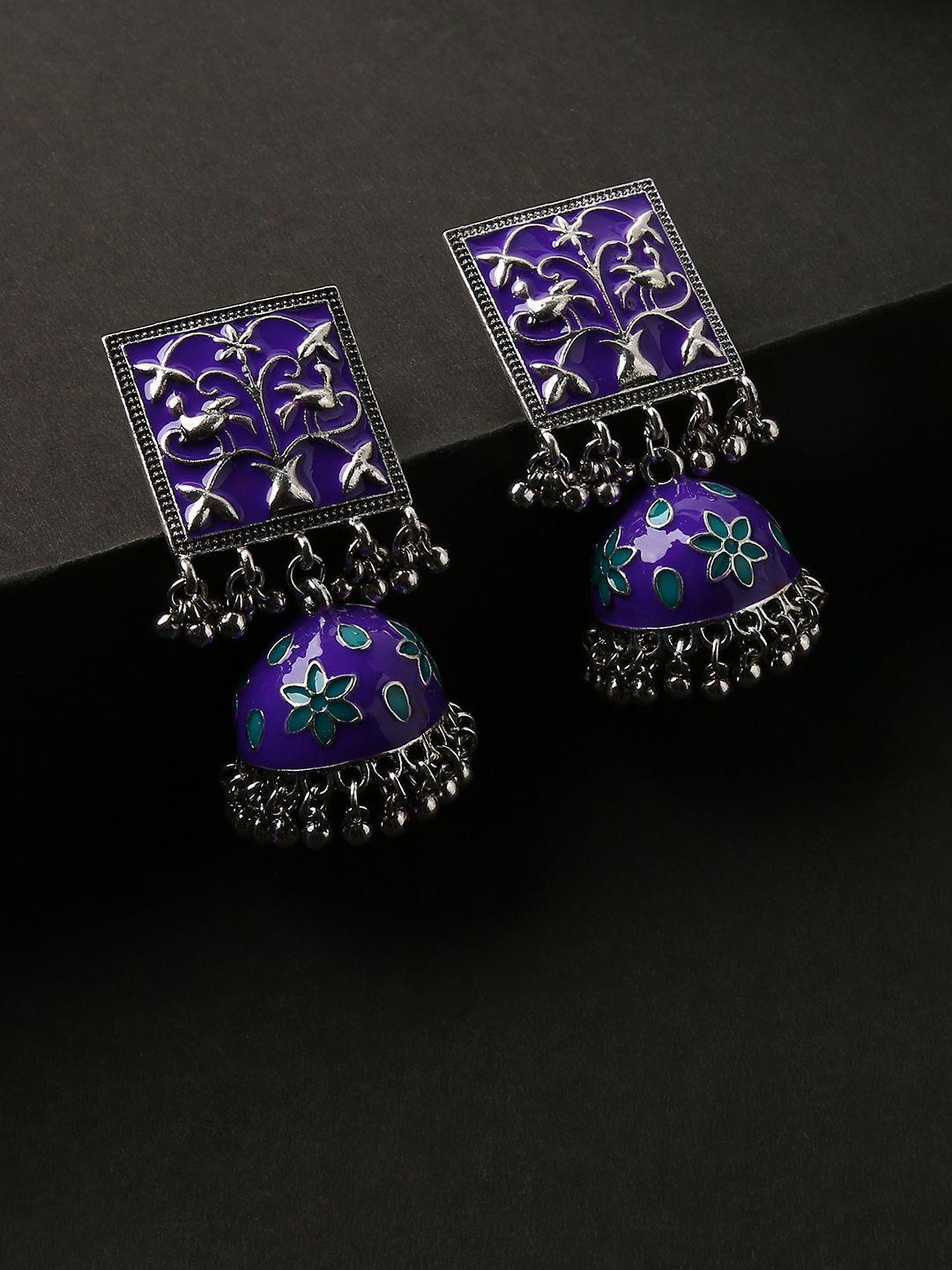 justpeachy silver-toned & purple contemporary jhumkas earrings