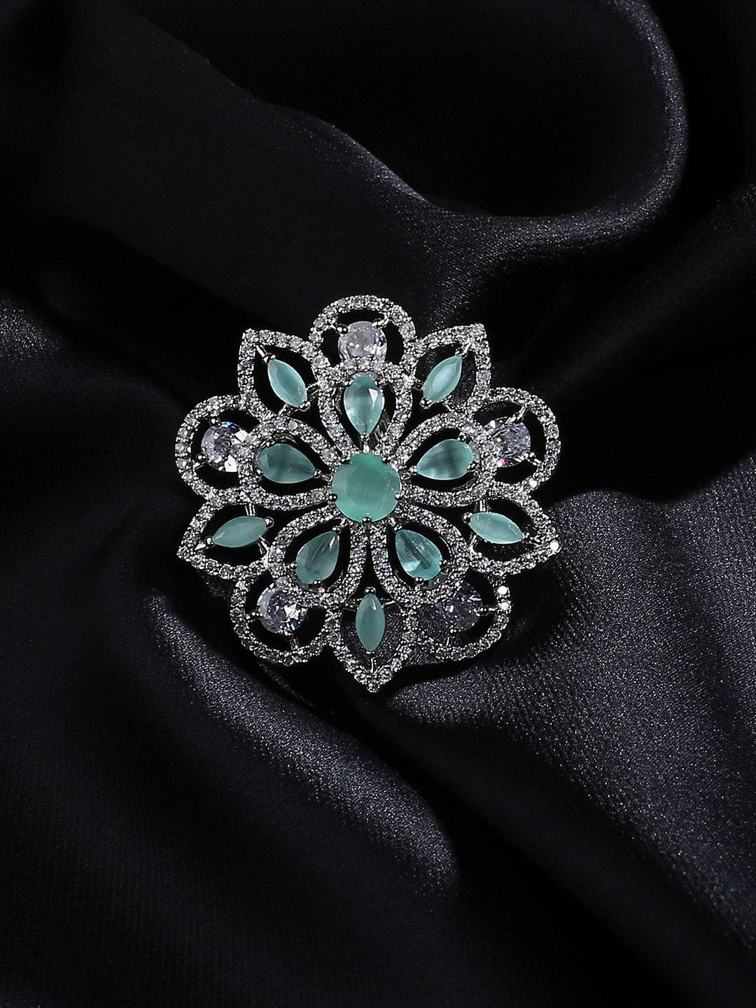 justpeachy turquoise blue silver-plated american diamond flower finger ring