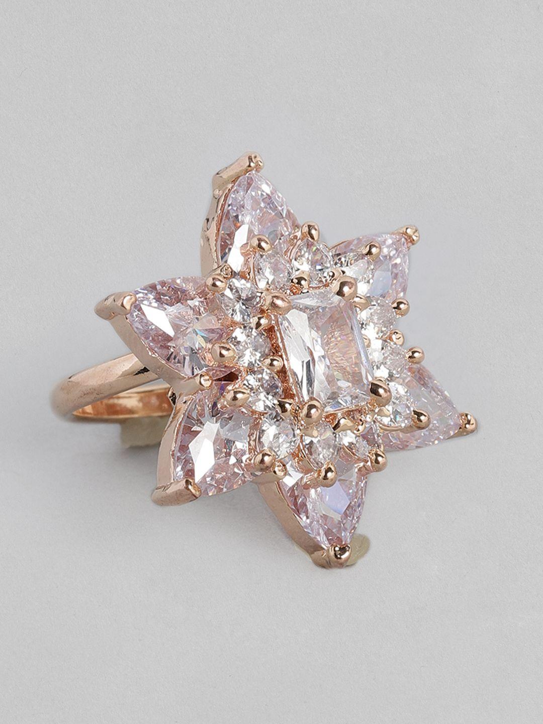 justpeachy white rose gold plated stone studded star shaped non-adjustable finger ring